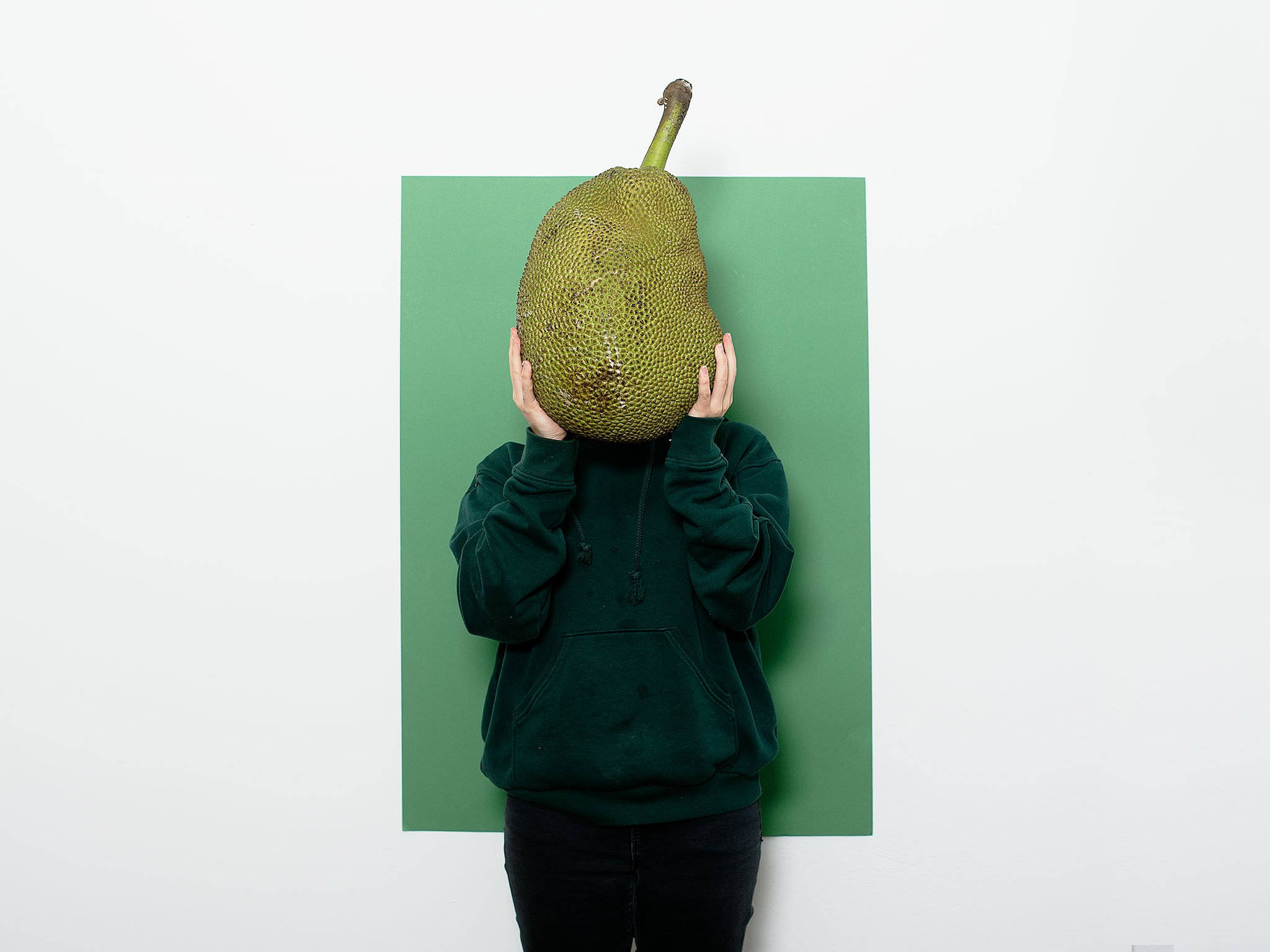 funny jackfruit man, dark green hoodie, large spiky jackfruit, Full HD Desktop Wallpaper