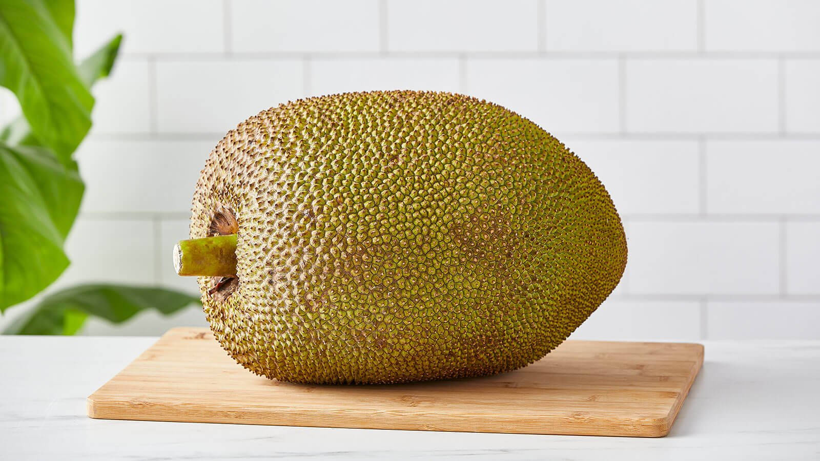 ripe jackfruit, spiky green jackfruit, wooden cutting board, HD Desktop Wallpaper