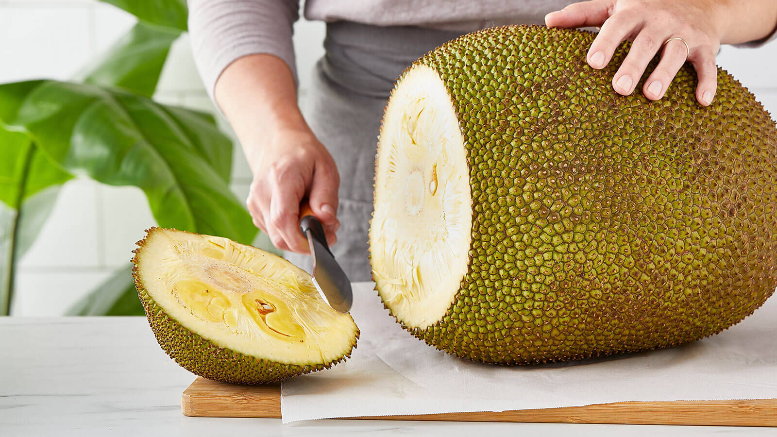 jackfruit, spiky green jackfruit, wooden cutting board, HD Desktop Wallpaper