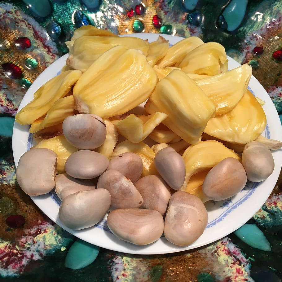 ripe jackfruit flesh, pale seeds, glittering mosaic, SD Desktop Wallpaper