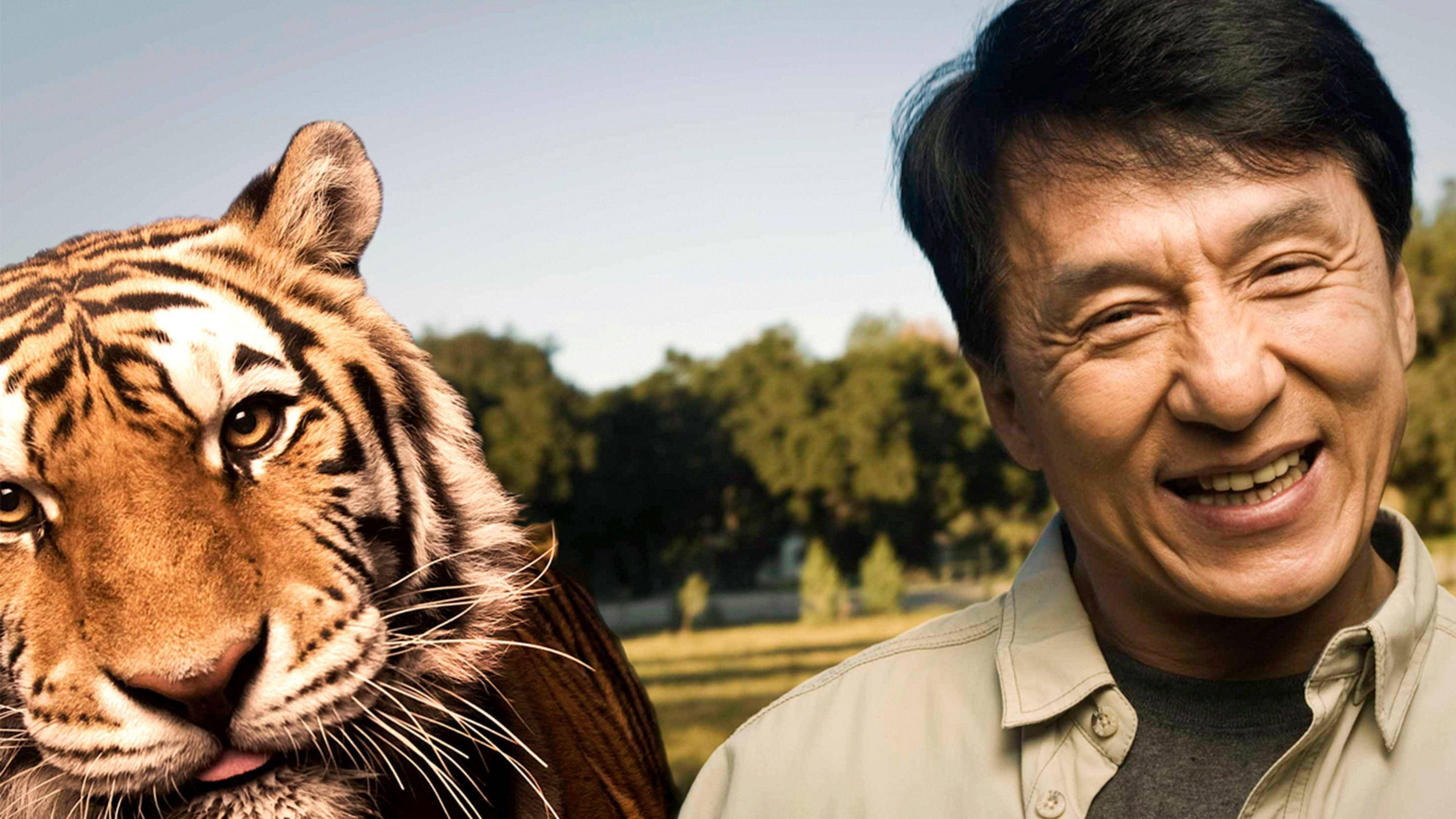 Jackie Chan, tiger, sunlit outdoor setting, 4K Desktop Wallpaper