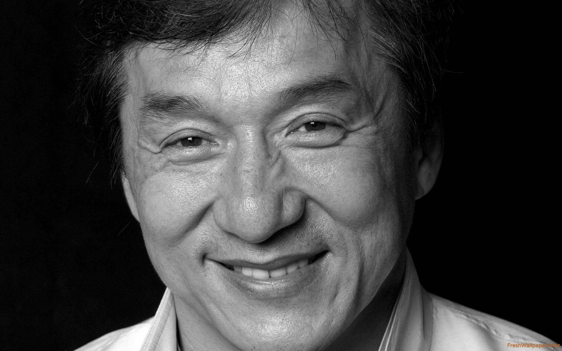Jackie Chan, black and white, close-up, Full HD Desktop Wallpaper