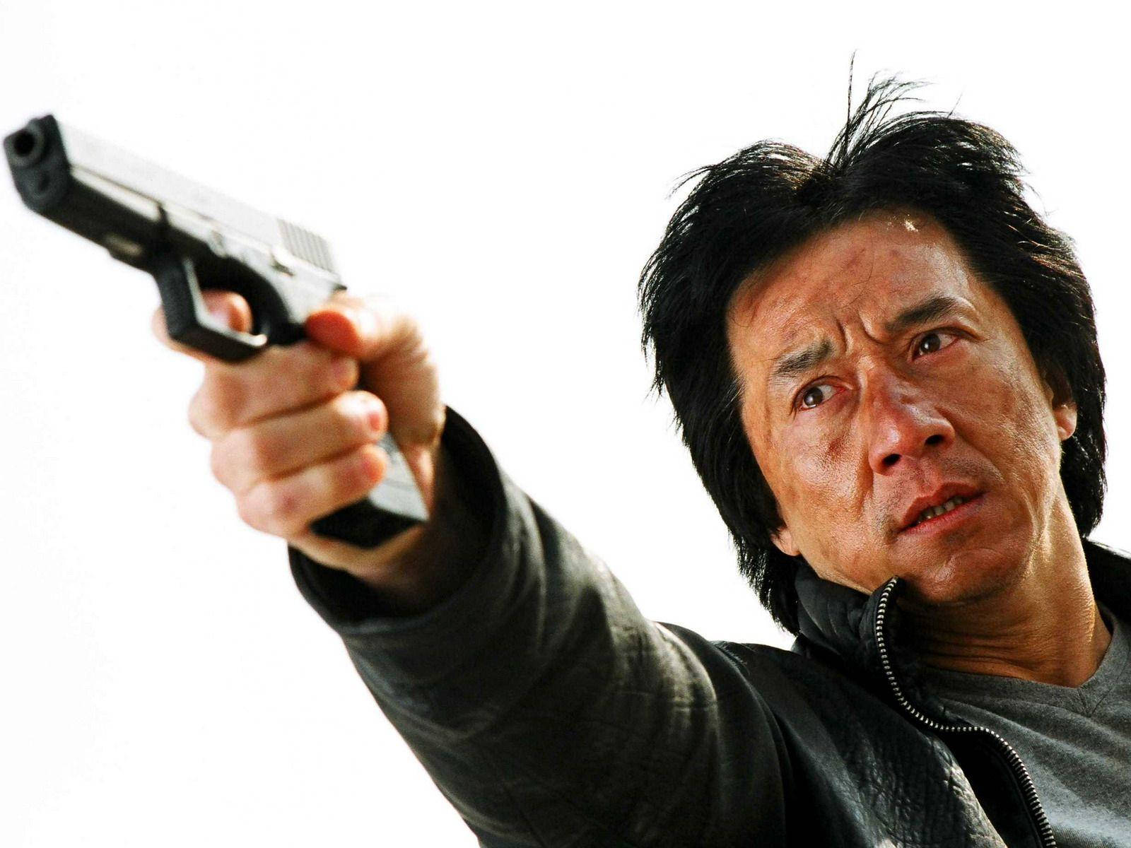Jackie Chan, silver handgun, black jacket, HD Desktop Wallpaper