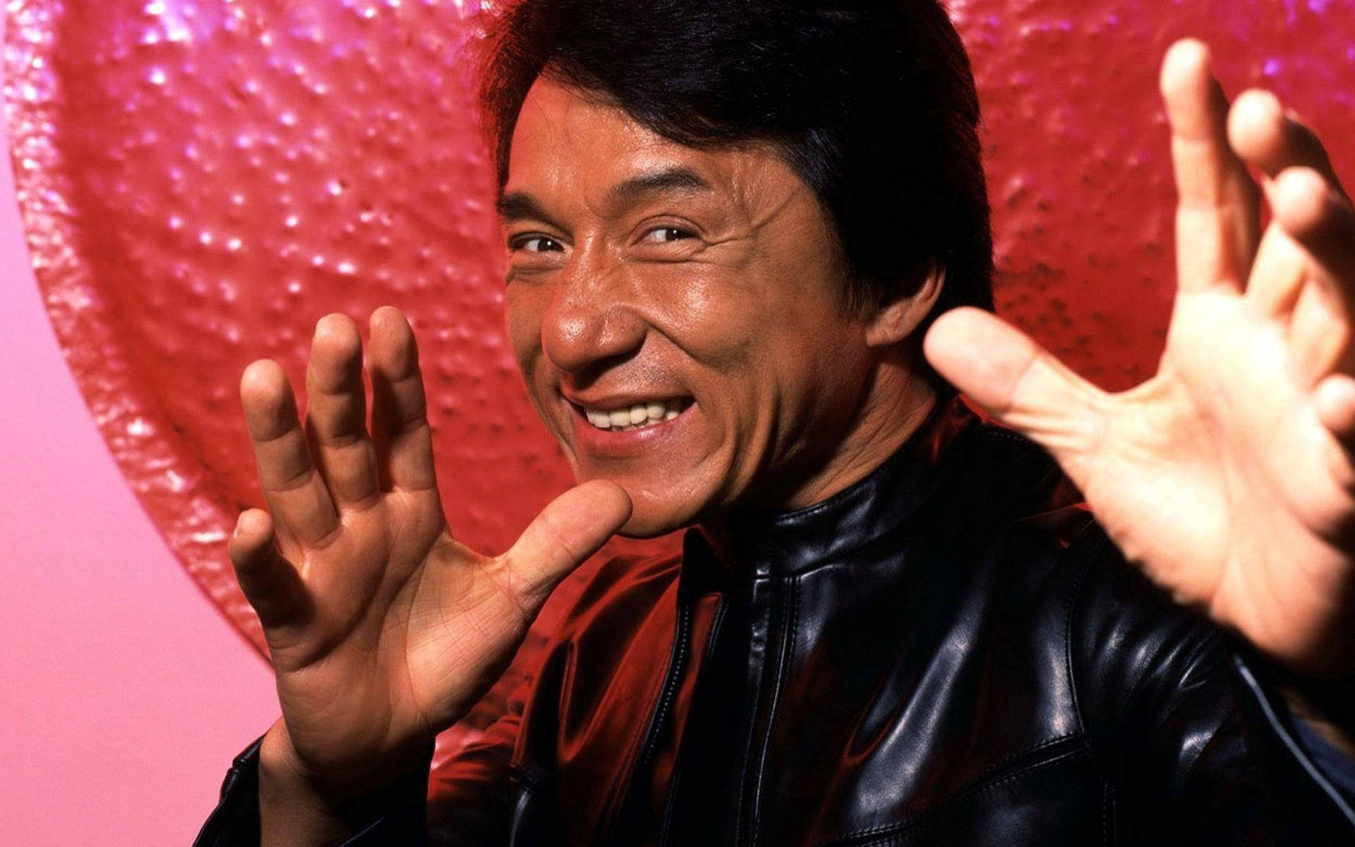 Jackie Chan, black leather jacket, sparkling pink heart backdrop, Full HD Desktop Wallpaper