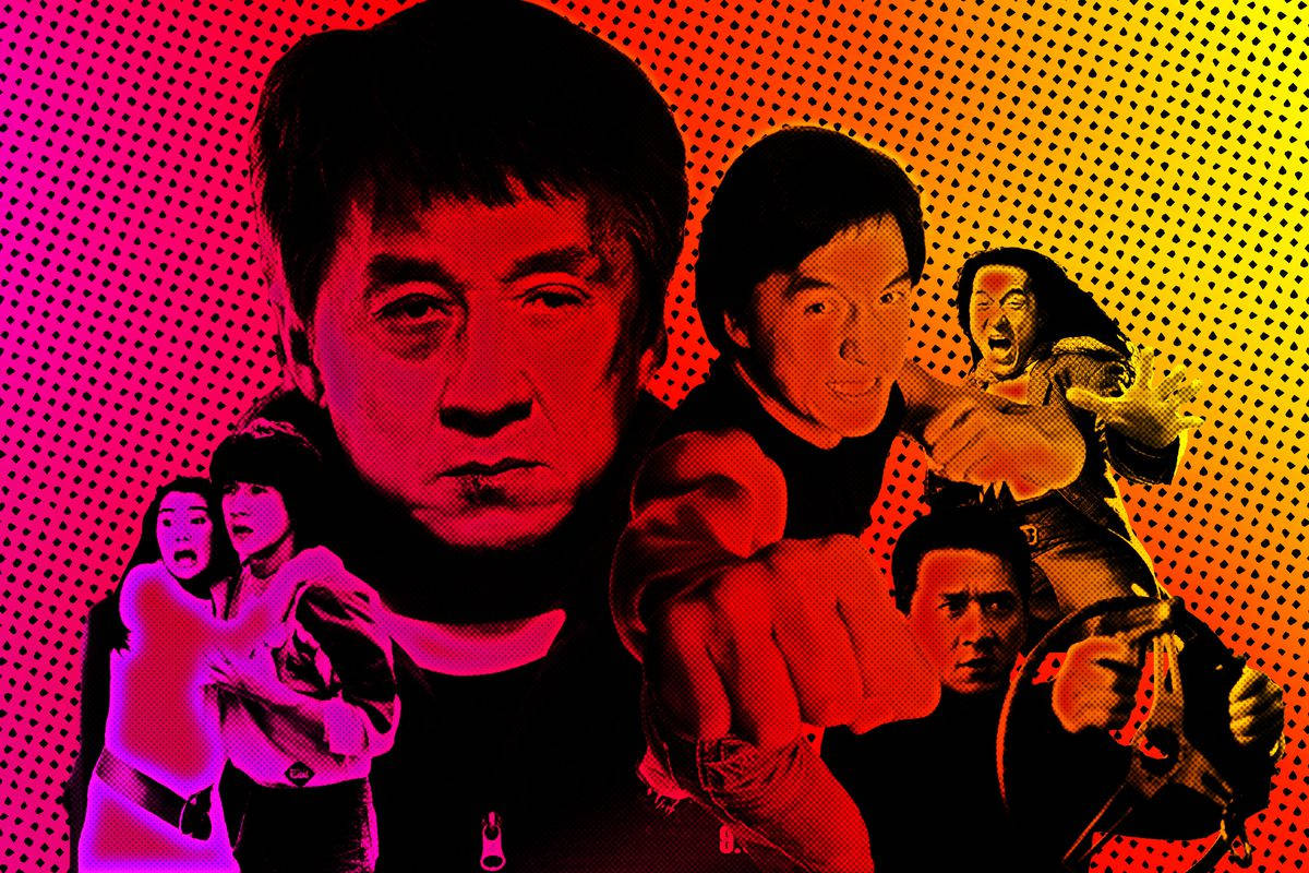 Jackie Chan, halftone poster, fiery red yellow gradient background, SD Desktop Wallpaper