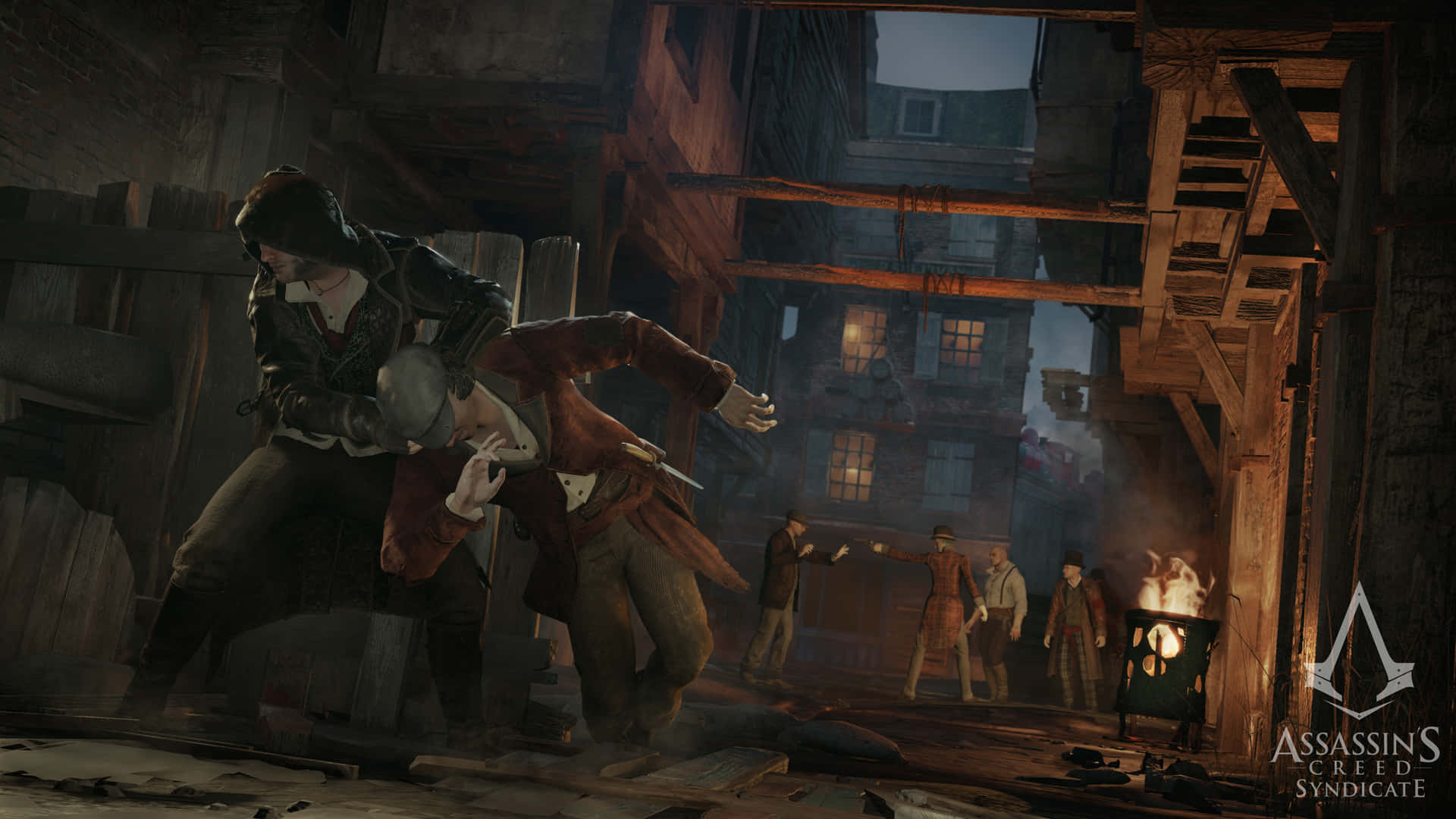 Jacob Frye, hooded assassin, dimly lit wooden alleyway, Full HD Desktop Wallpaper