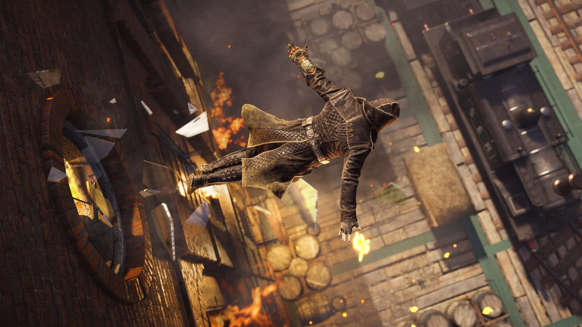 Jacob Frye, hooded assassin, fiery urban alleyway, Full HD Desktop Wallpaper