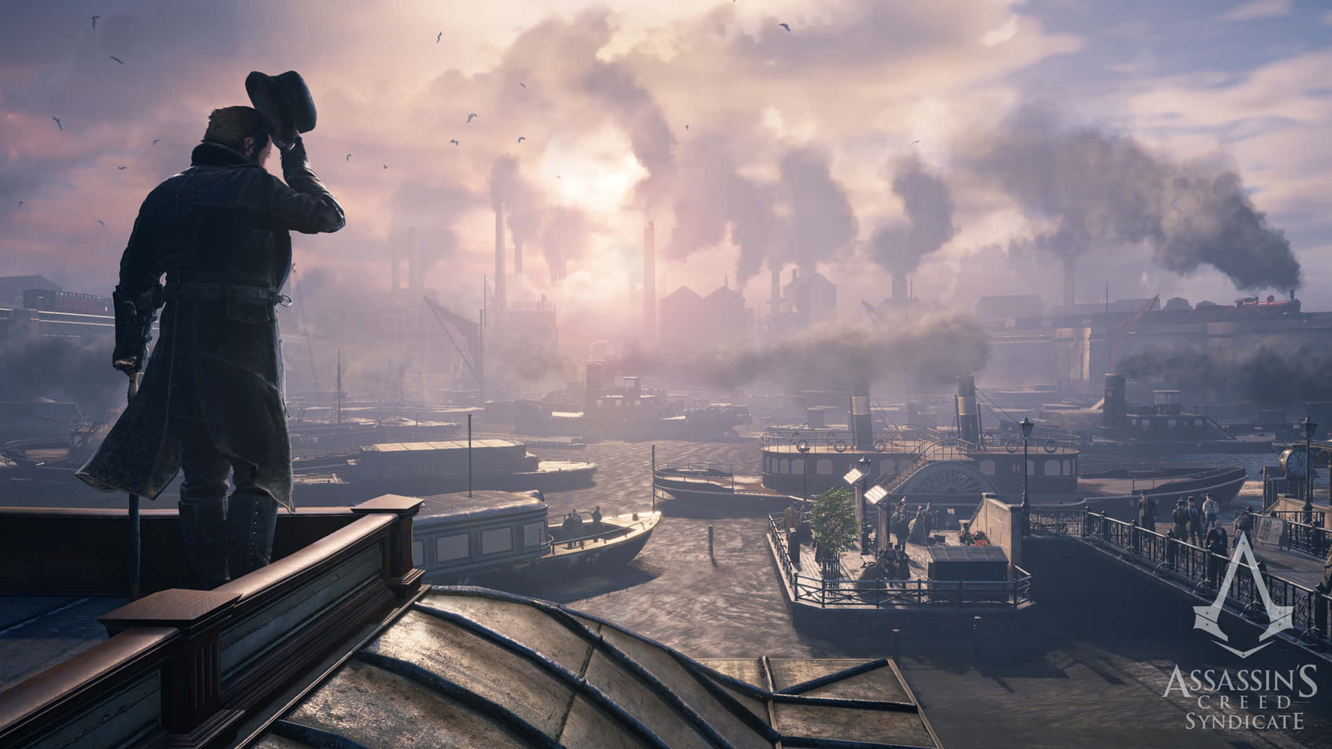 Jacob Frye, rooftop, smog-choked industrial cityscape, Full HD Desktop Wallpaper