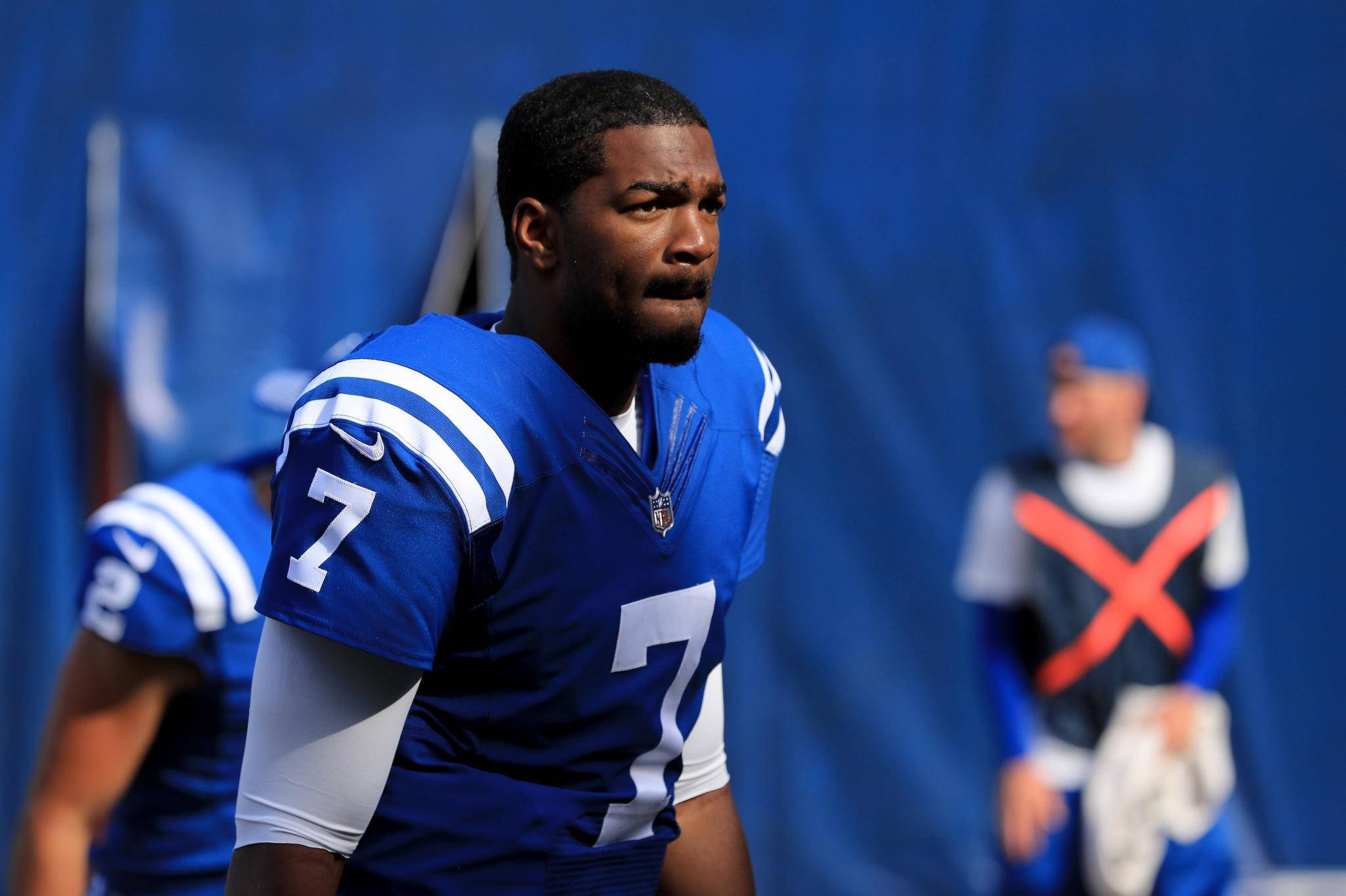 Jacoby Brissett, blue jersey, number 7, Full HD Desktop Wallpaper