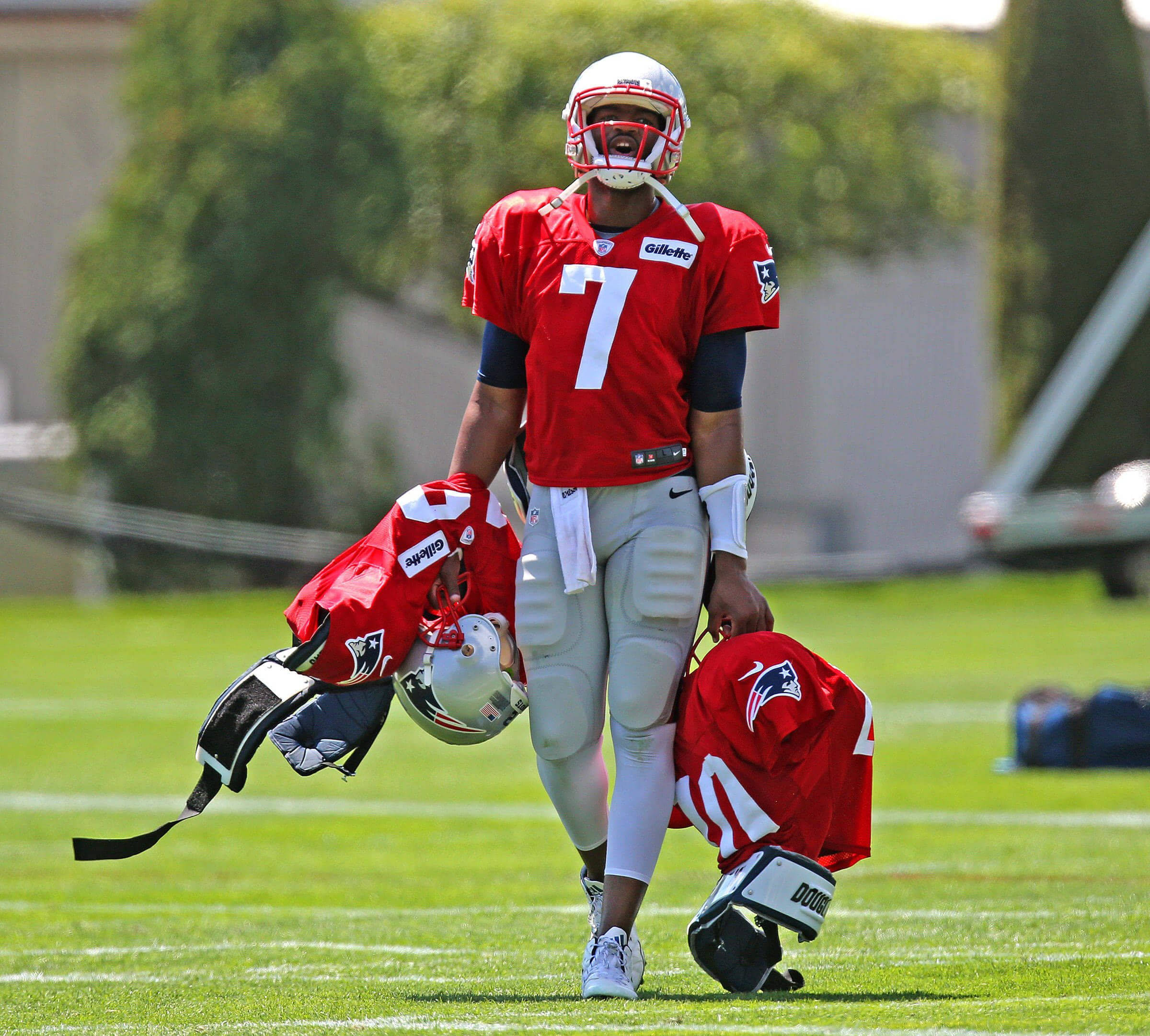 Jacoby Brissett, red jersey number 7, sunlit field, Full HD Desktop Wallpaper