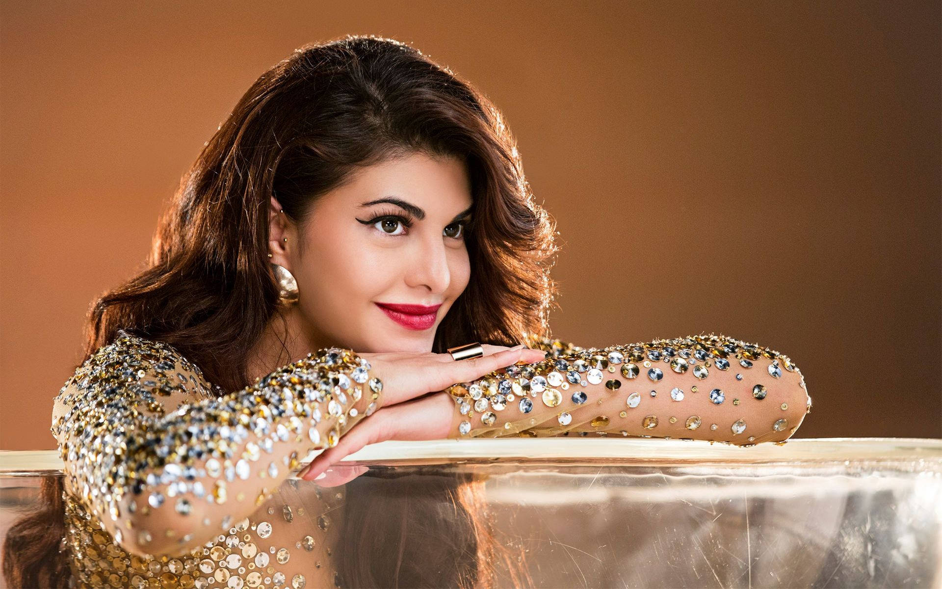 Jacqueline Fernandez, gold dress, sparkling gold and silver sequined top, Full HD Desktop Wallpaper