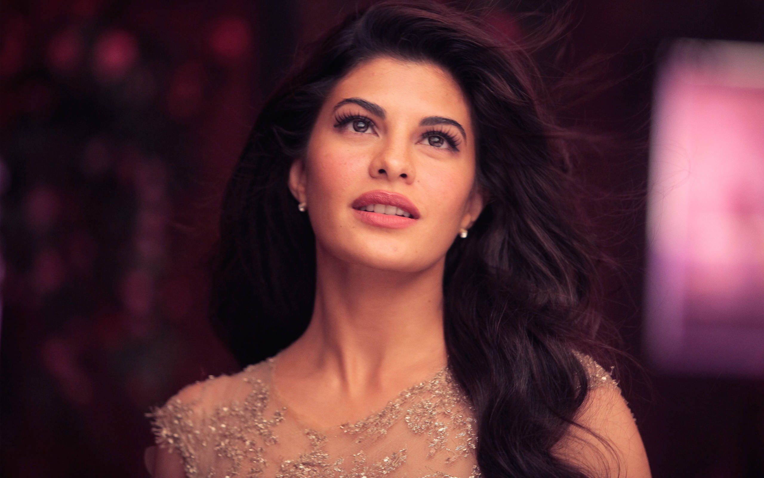 Jacqueline Fernandez, flowing dark hair, embellished gown, 2K Desktop Wallpaper