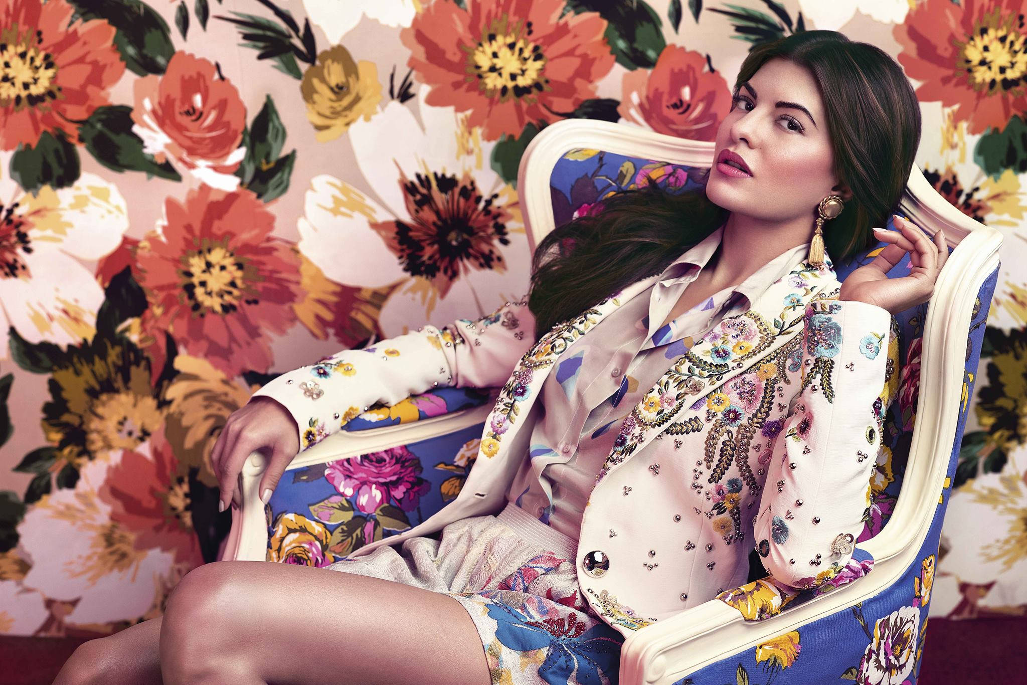 Jacqueline Fernandez, floral armchair, vibrant floral wallpaper backdrop, Full HD Desktop Wallpaper