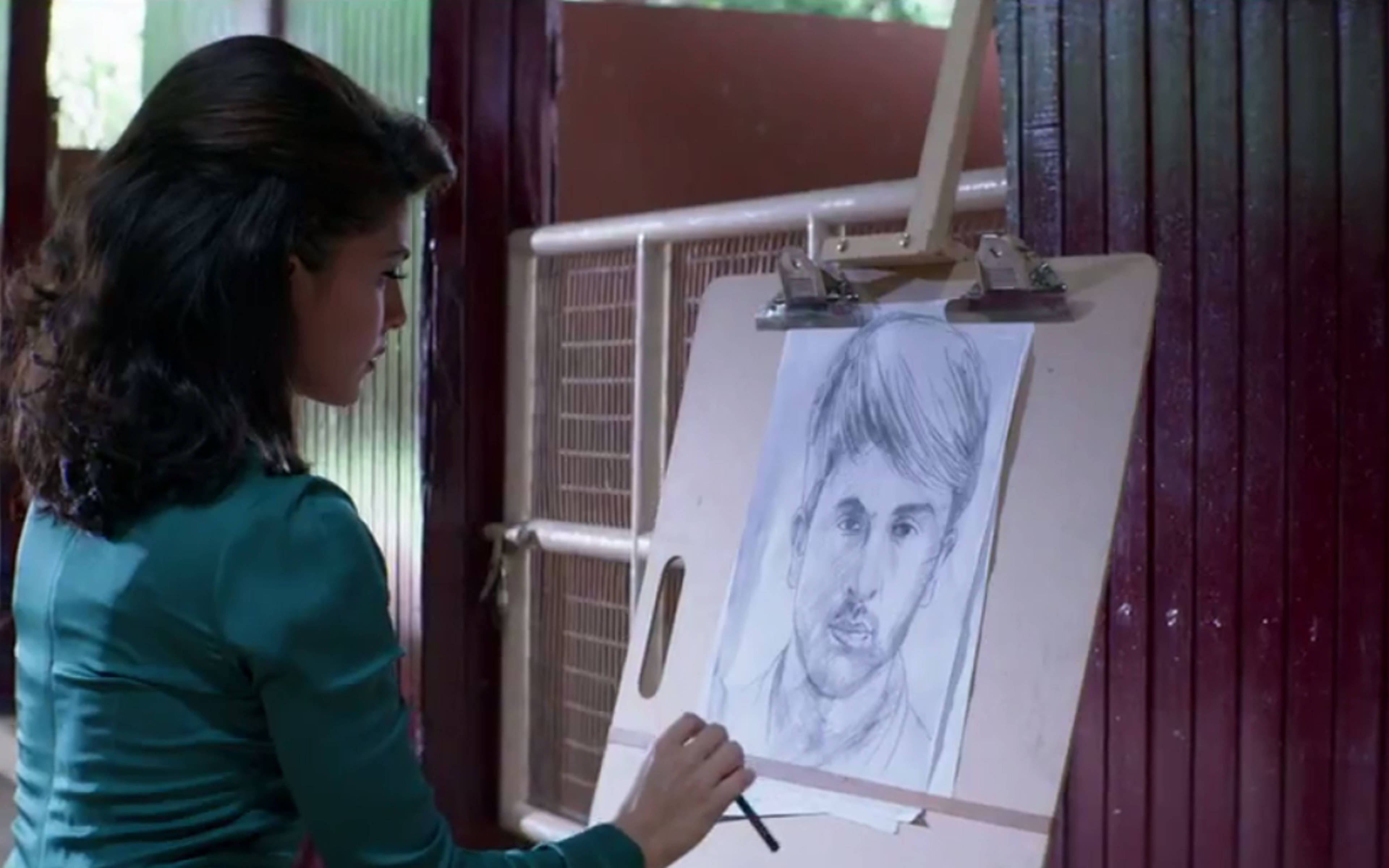 Jacqueline Fernandez, teal shirt, pencil portrait, 4K Desktop Wallpaper