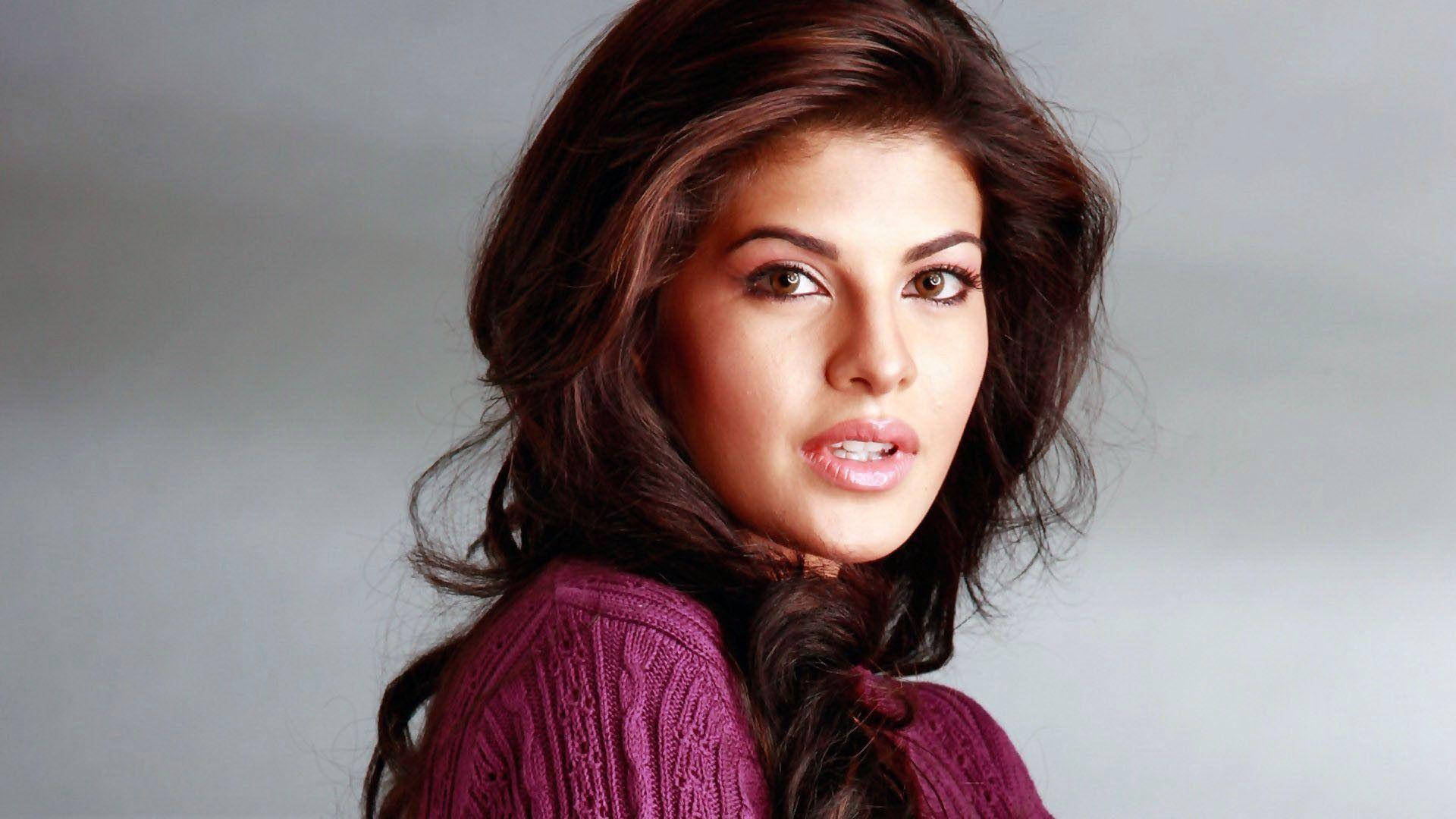 Jacqueline Fernandez, dark wavy hair, purple sweater, Full HD Desktop Wallpaper