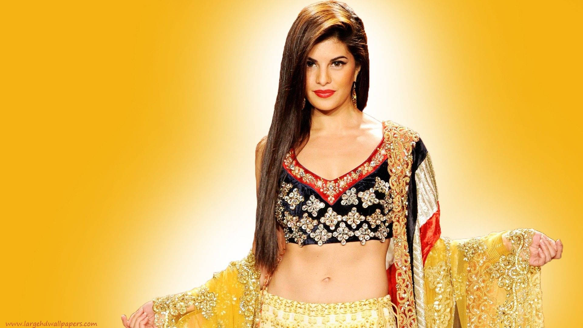 Jacqueline Fernandez, traditional Indian attire, ornate, Full HD Desktop Wallpaper