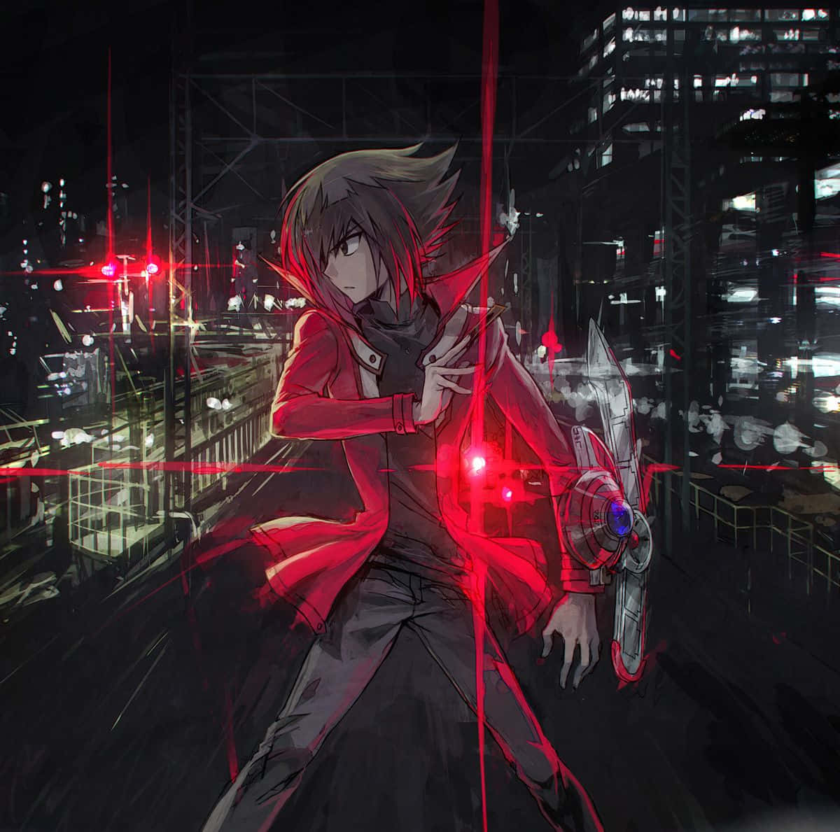 Jaden Yuki, red coat, dark cityscape, SD Desktop Wallpaper