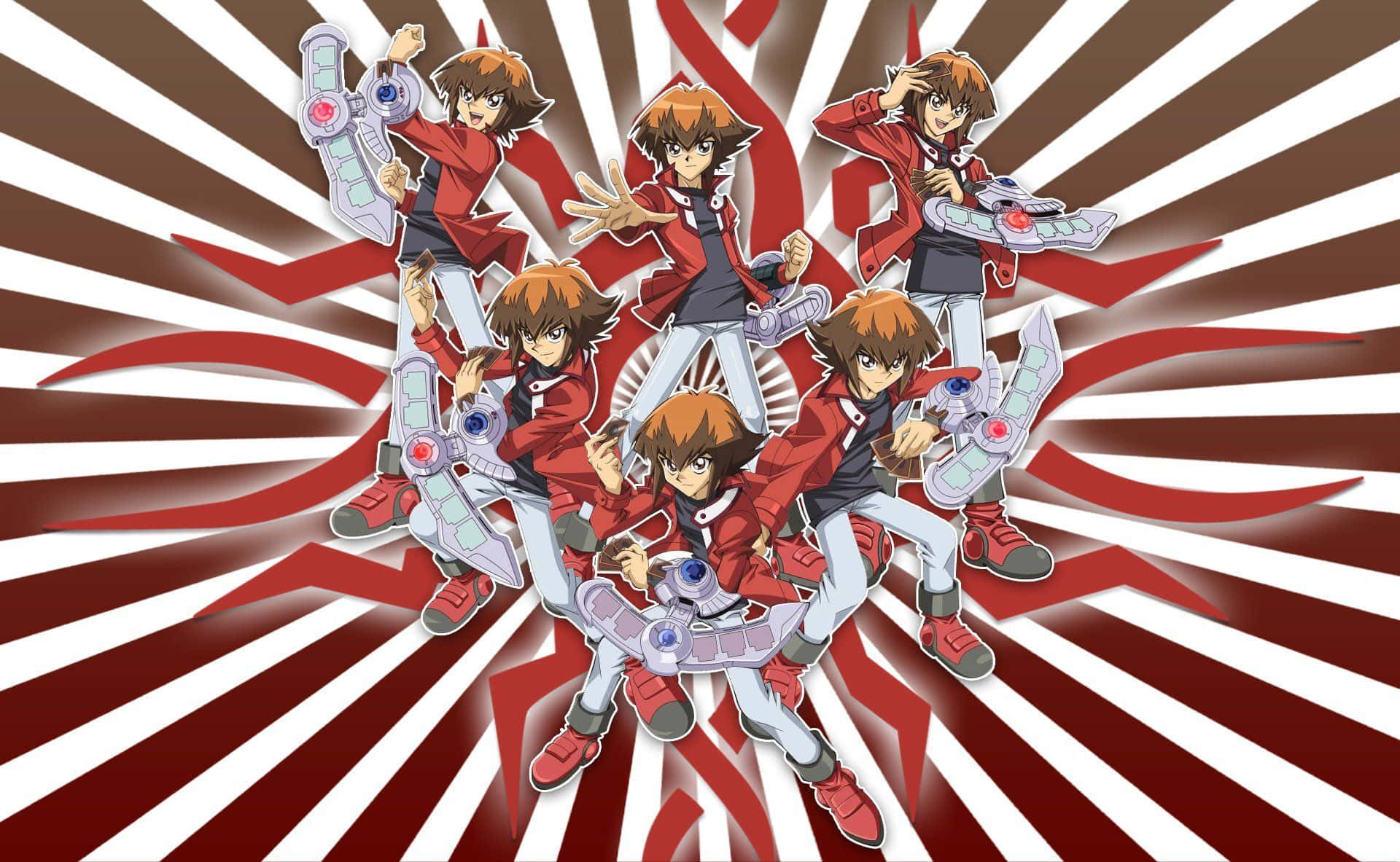 Jaden Yuki, red jackets, radial burst background, Full HD Desktop Wallpaper