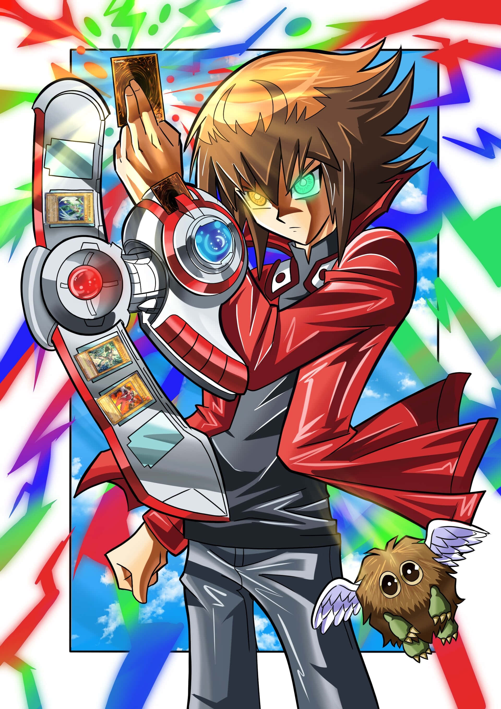 Jaden Yuki, red jacket, glowing card, 2K Phone Wallpaper