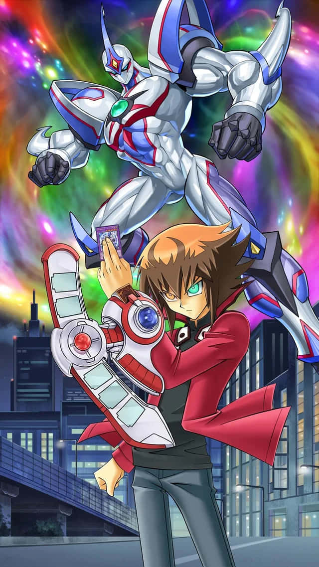 Jaden Yuki, red jacket, silver and blue robot, SD Phone Wallpaper