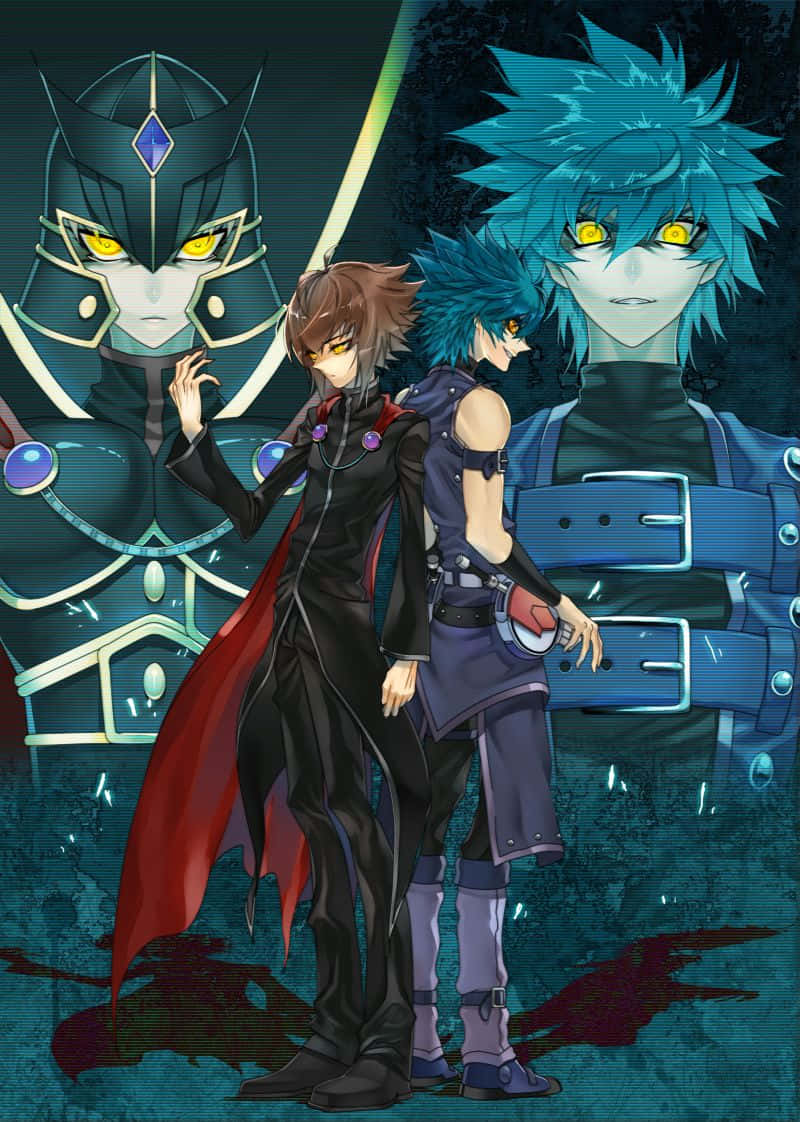 Jaden Yuki, glowing yellow eyes, dark teal environment, SD Phone Wallpaper