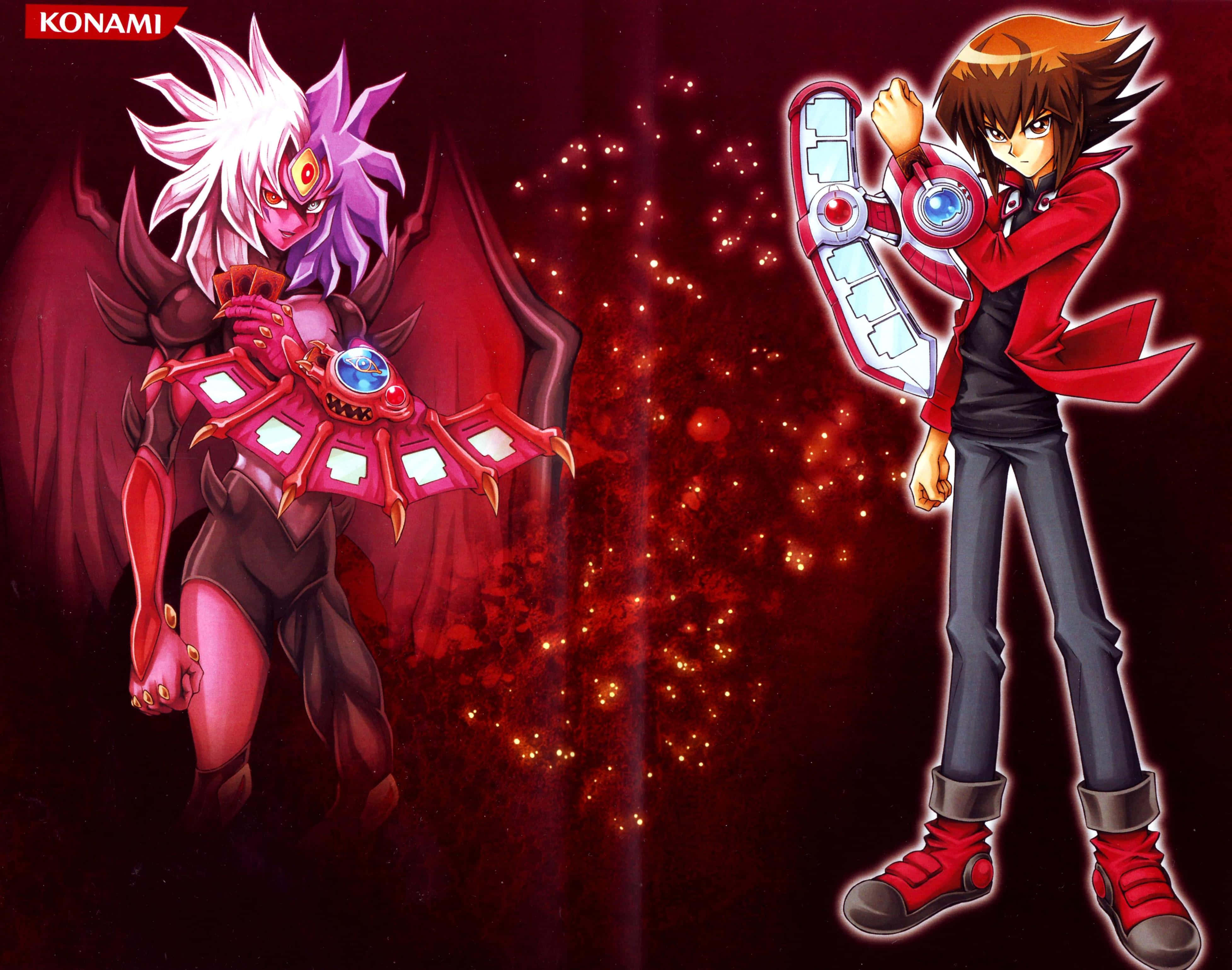 Jaden Yuki, red-lit scene, glowing particles, 4K Desktop Wallpaper
