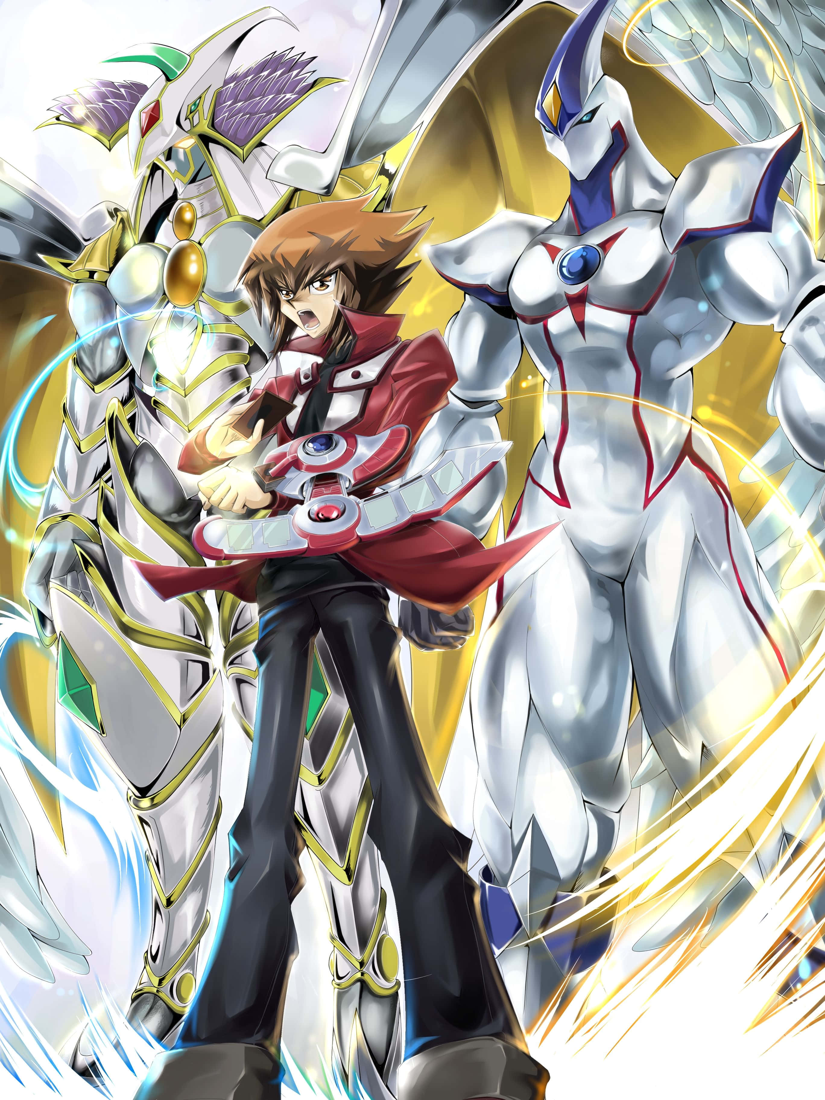 Jaden Yuki, red and black, glowing silver winged monsters, 2K Phone Wallpaper