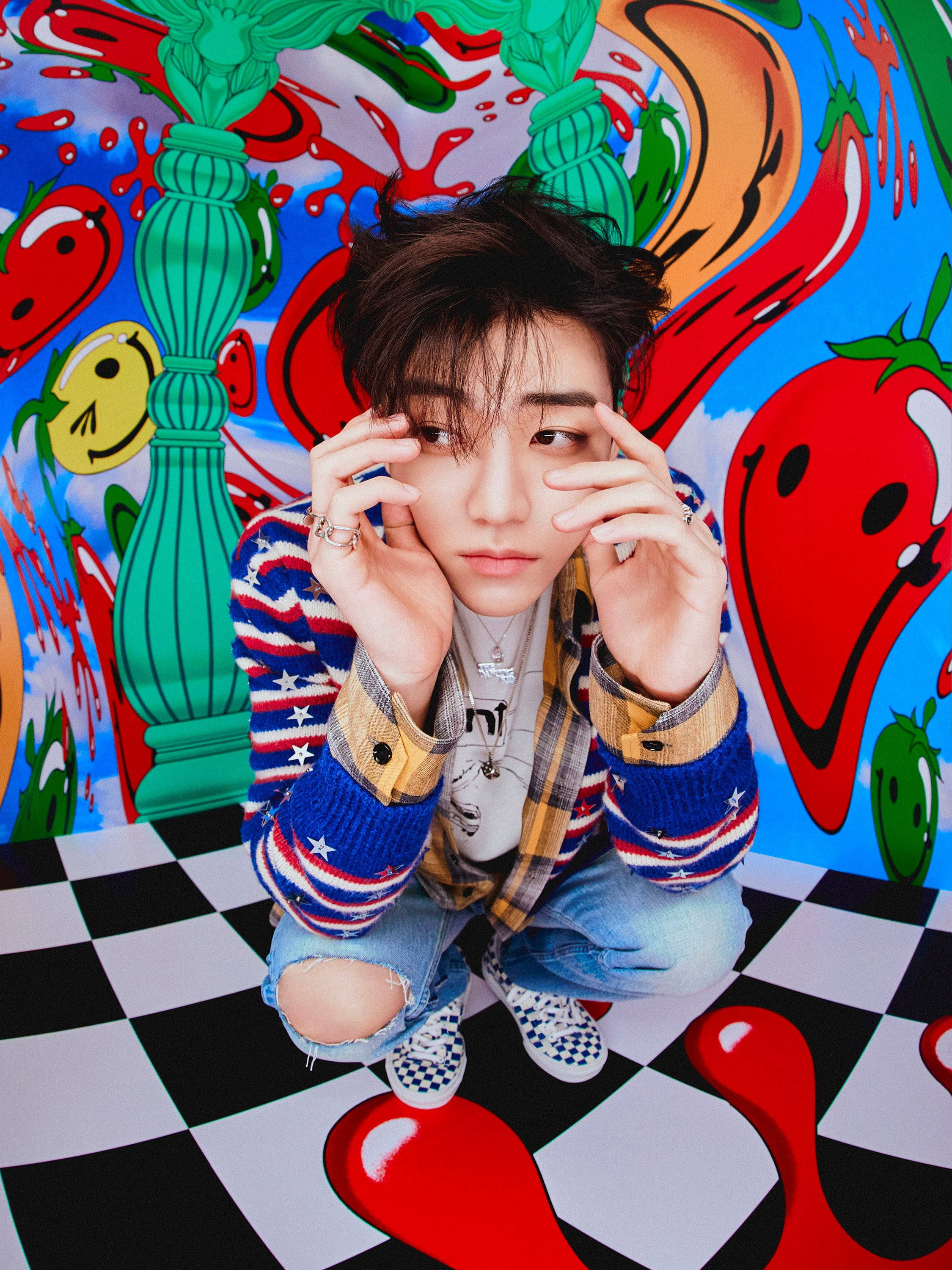 Jaemin NCT, checkered floor, vibrant graffiti wall, 2K Phone Wallpaper