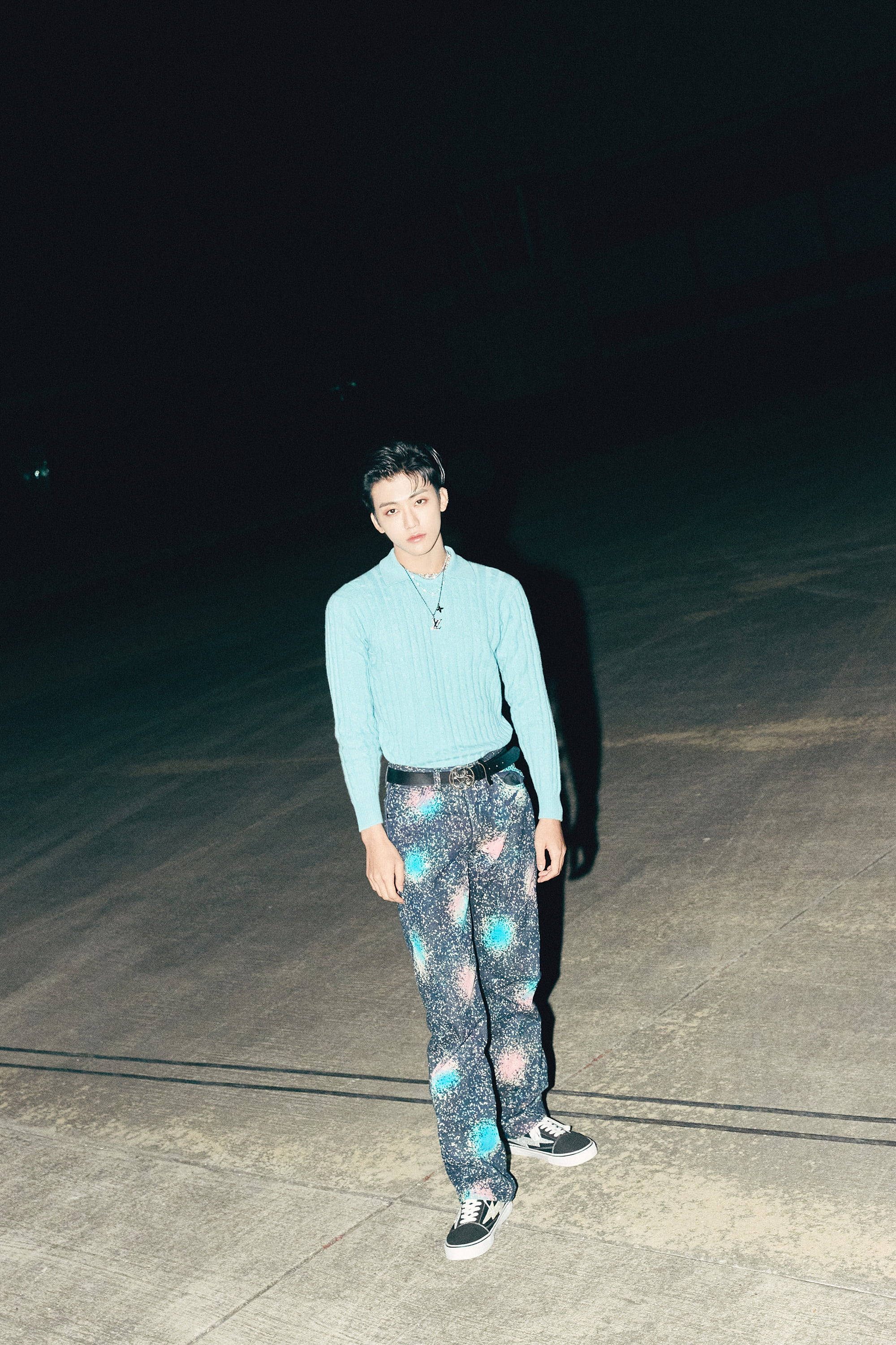 Jaemin NCT, light blue sweater, cosmic patterned pants, 2K Phone Wallpaper