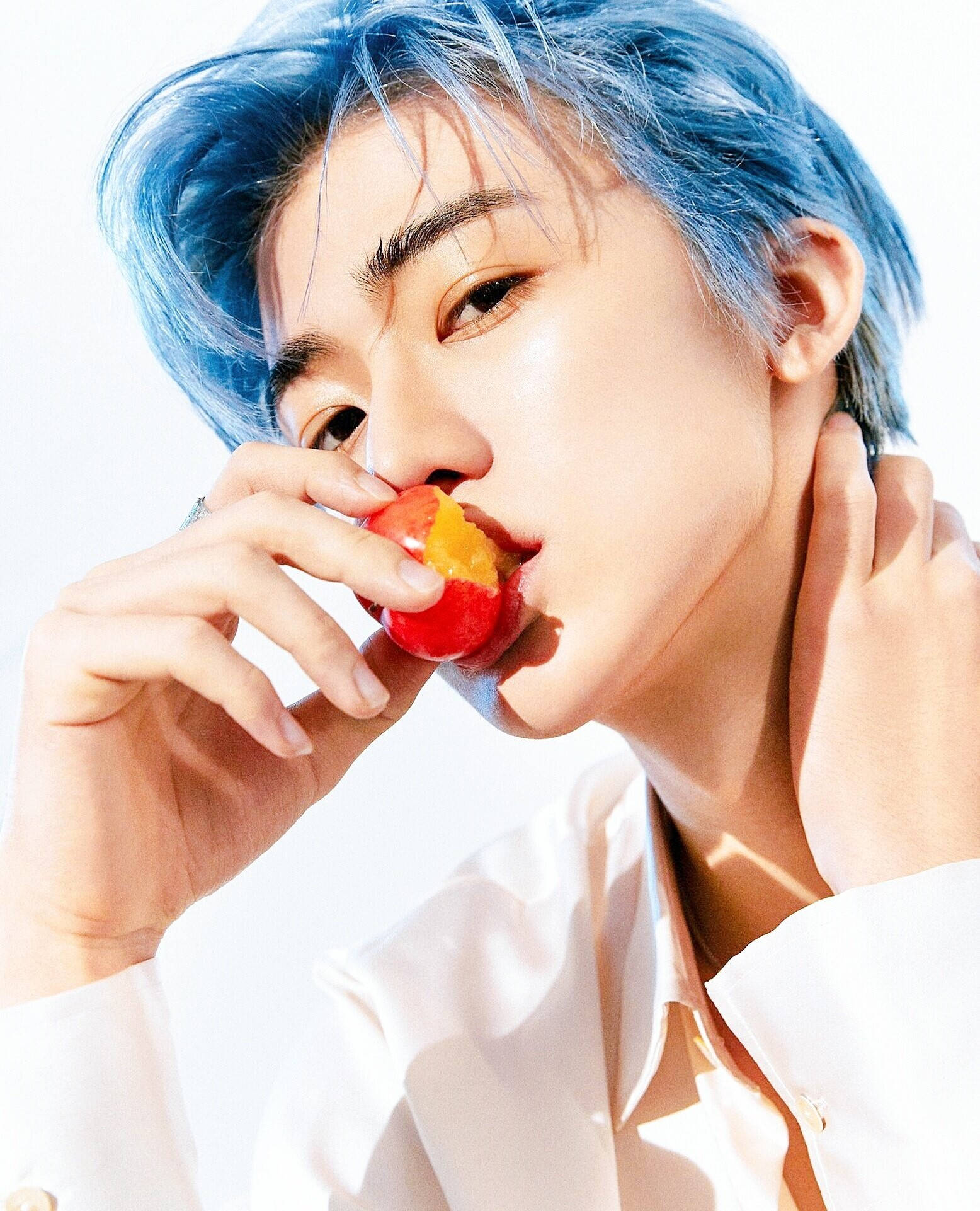 Jaemin NCT, vibrant blue hair, bright red cherry, Full HD Phone Wallpaper