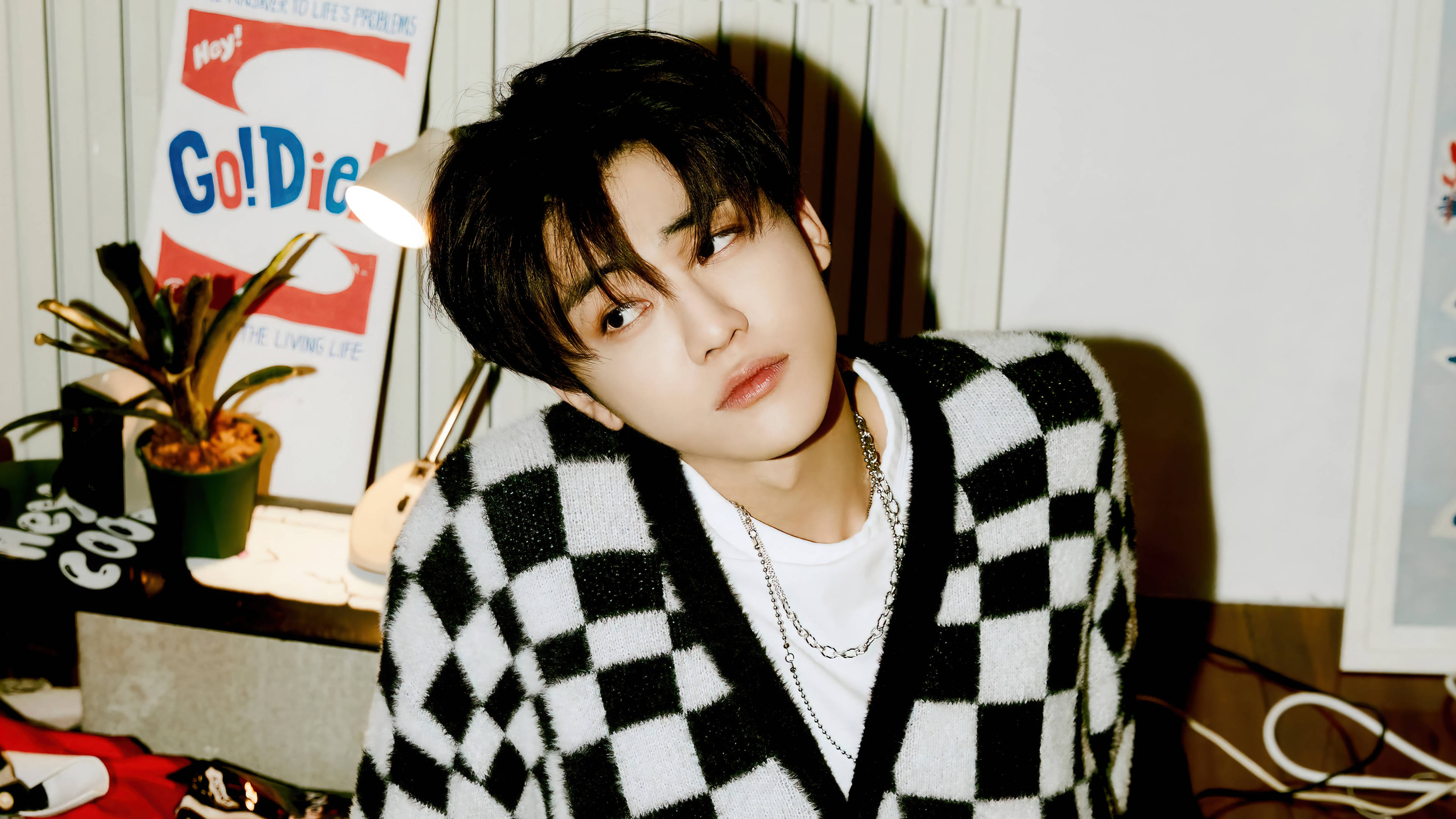 Jaemin NCT, black and white checkered cardigan, cozy room, 4K Desktop Wallpaper