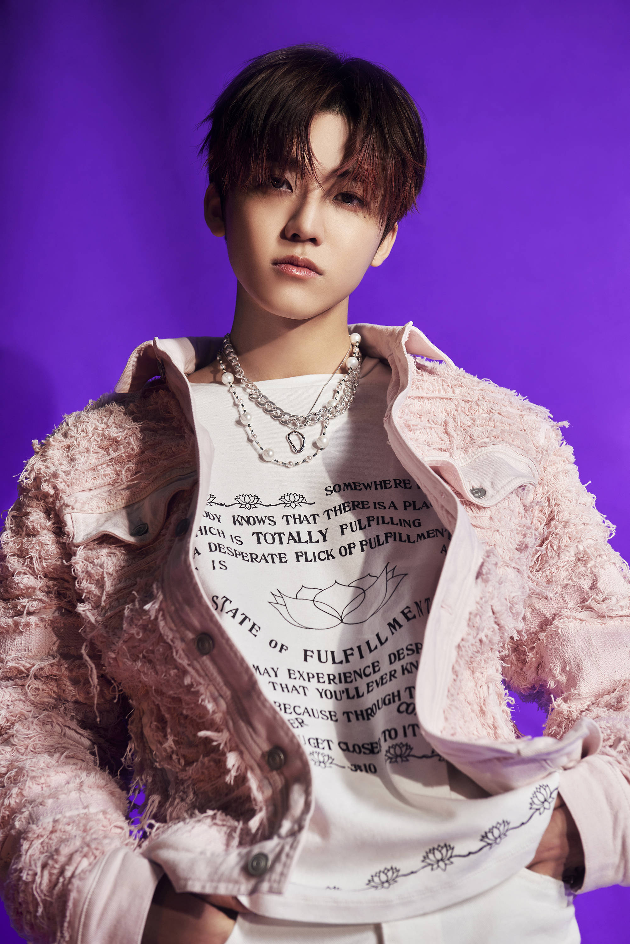 Jaemin NCT, distressed pink jacket, white graphic tee, 2K Phone Wallpaper