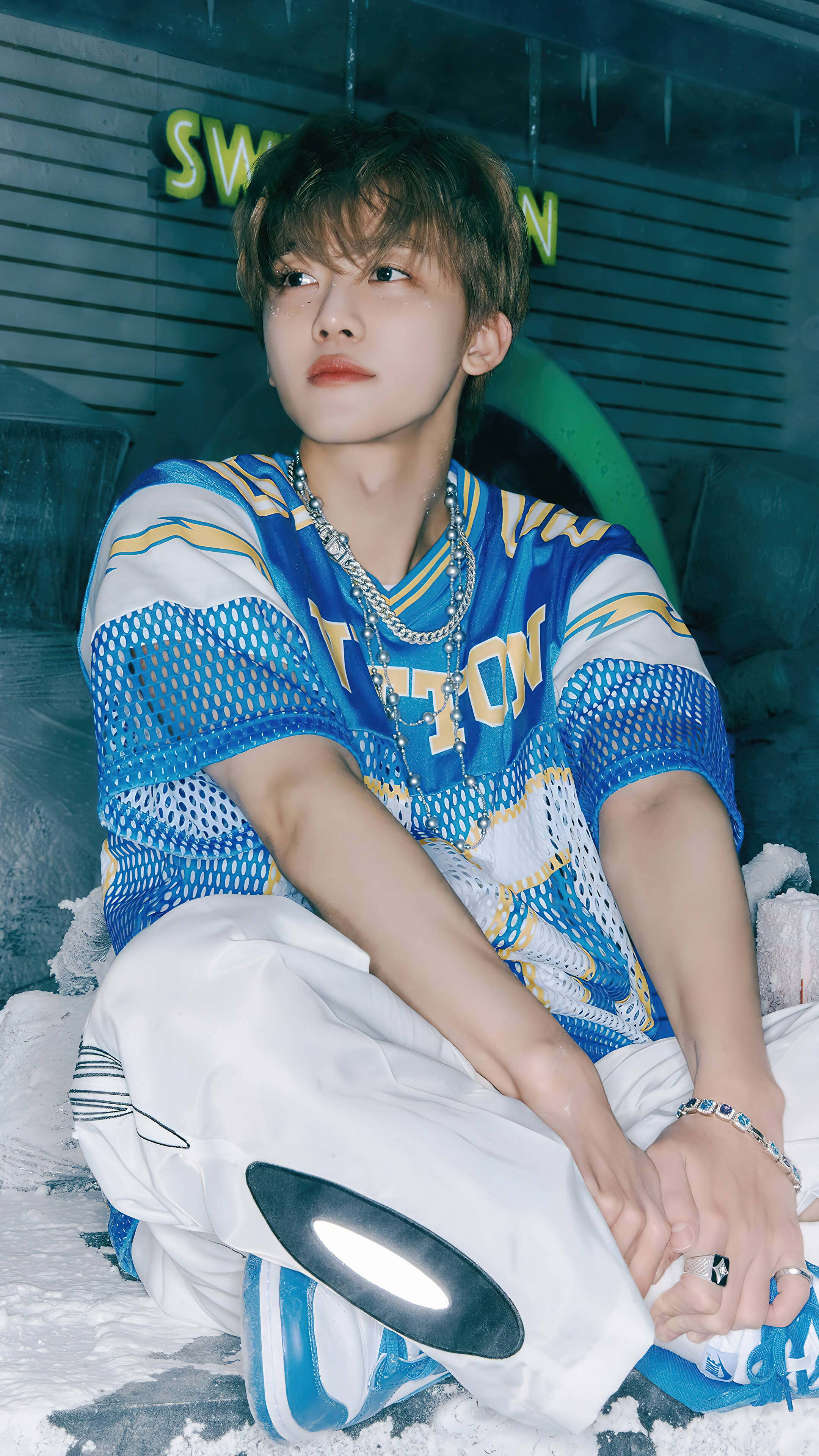 Jaemin NCT, blue and white mesh jersey, snowy ground, 4K Phone Wallpaper