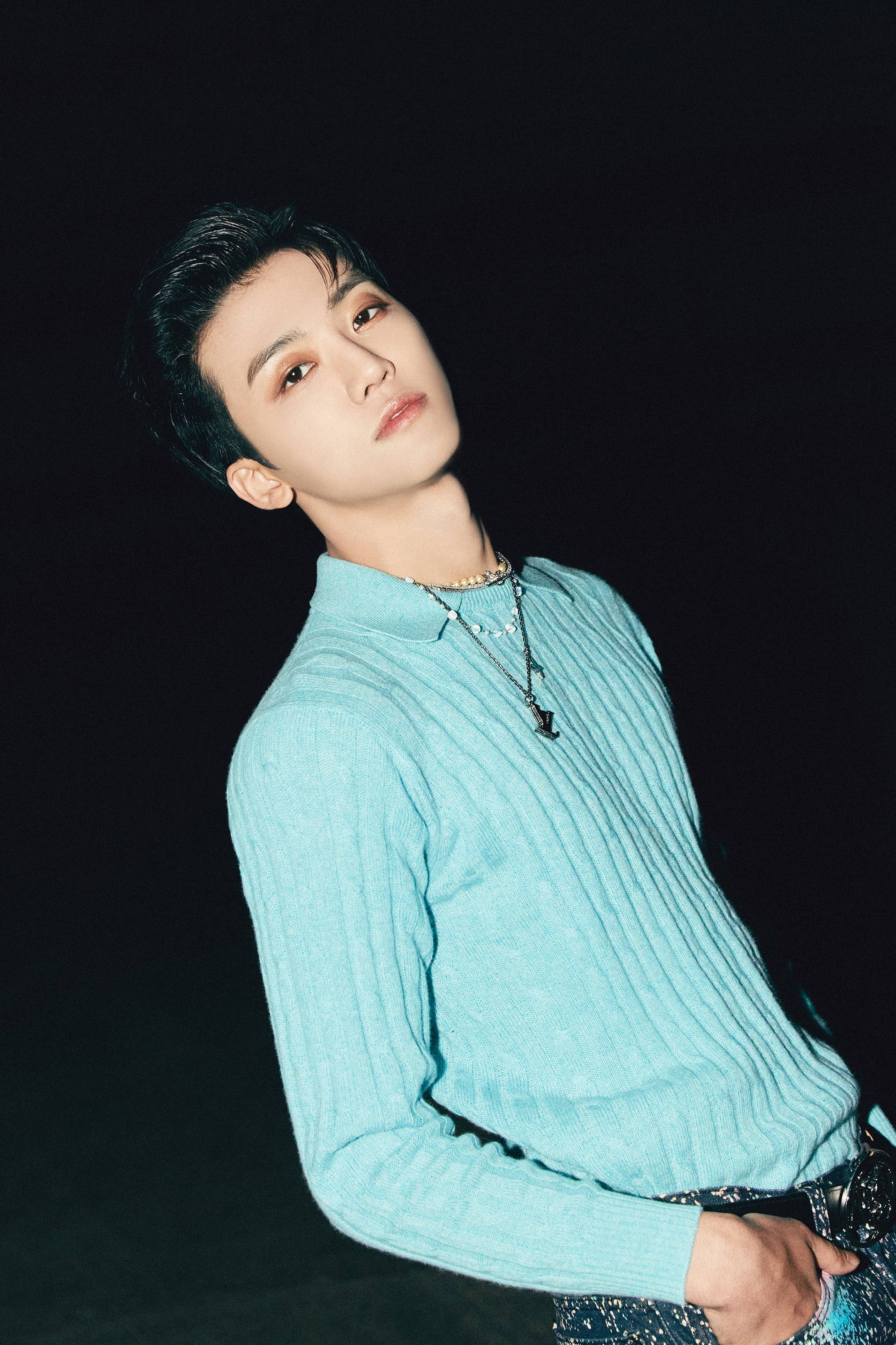 Jaemin NCT, blue sweater, light blue ribbed sweater, 2K Phone Wallpaper