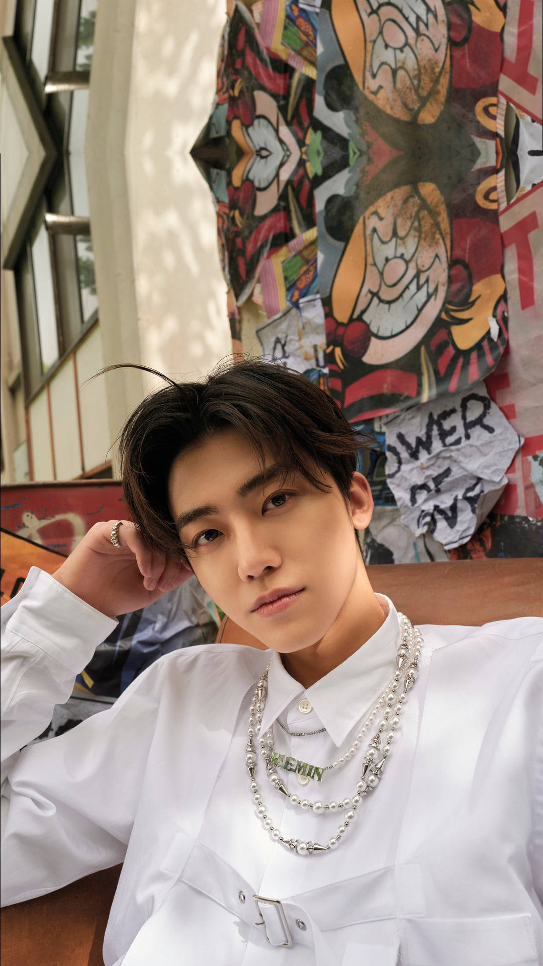 Jaemin NCT, white shirt, layered silver chains, Full HD Phone Wallpaper