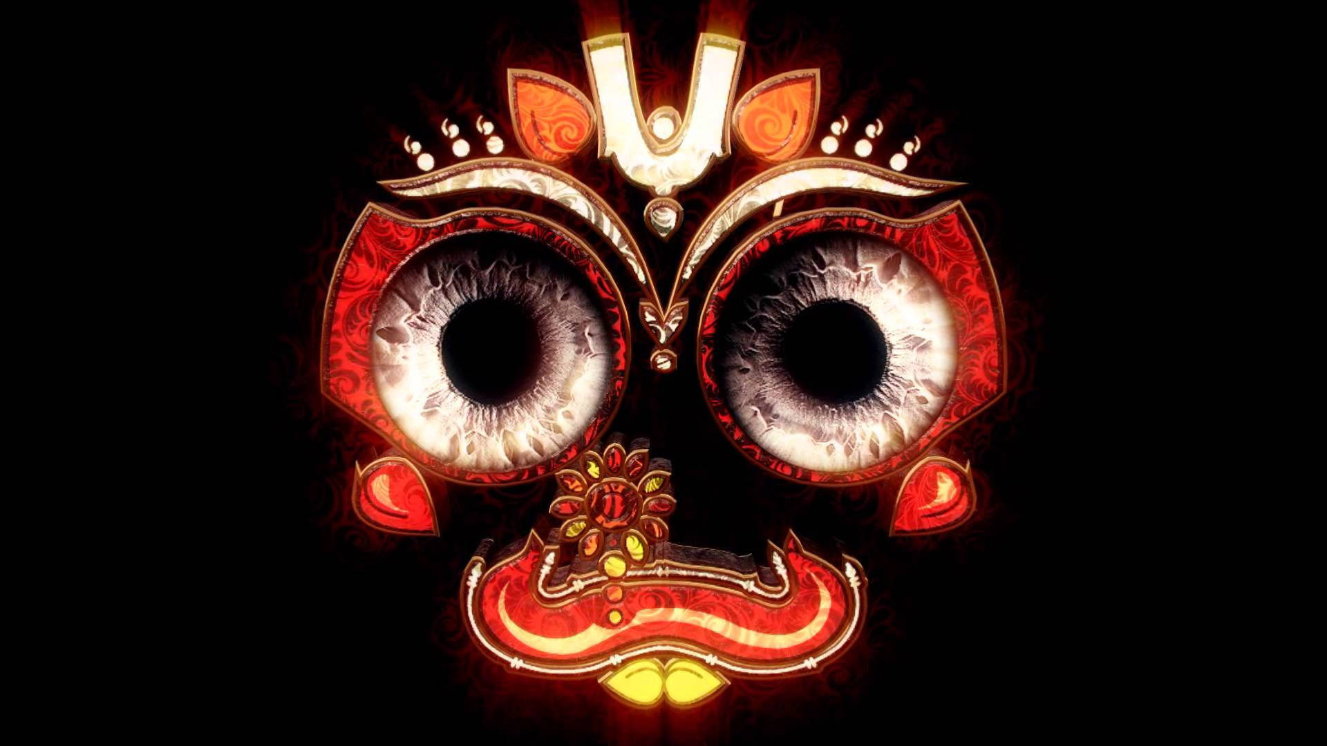 Jagannath, glowing ornate mask, large haunting eyes, Full HD Desktop Wallpaper