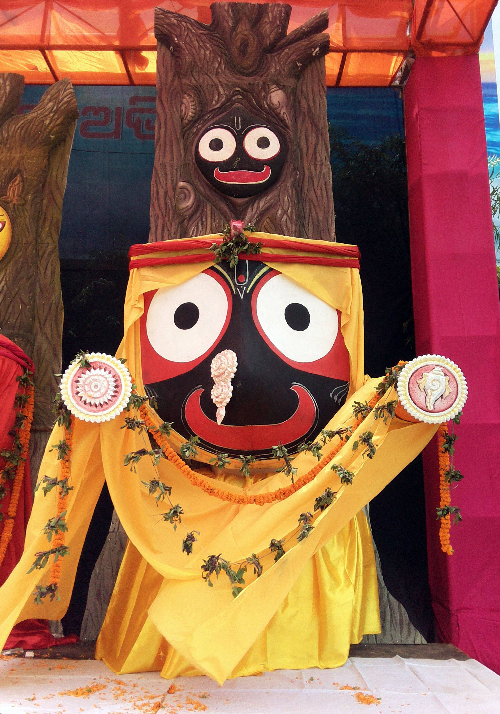 Jagannath, yellow dress, wooden idol, 2K Phone Wallpaper