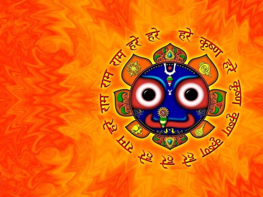 Jagannath, Hindu texts, orange swirling background, SD Desktop Wallpaper