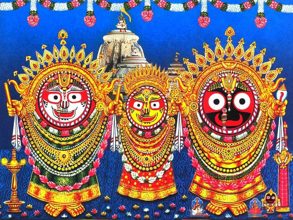 Jagannath, gold ornate headdress, red and white faces, SD Desktop Wallpaper