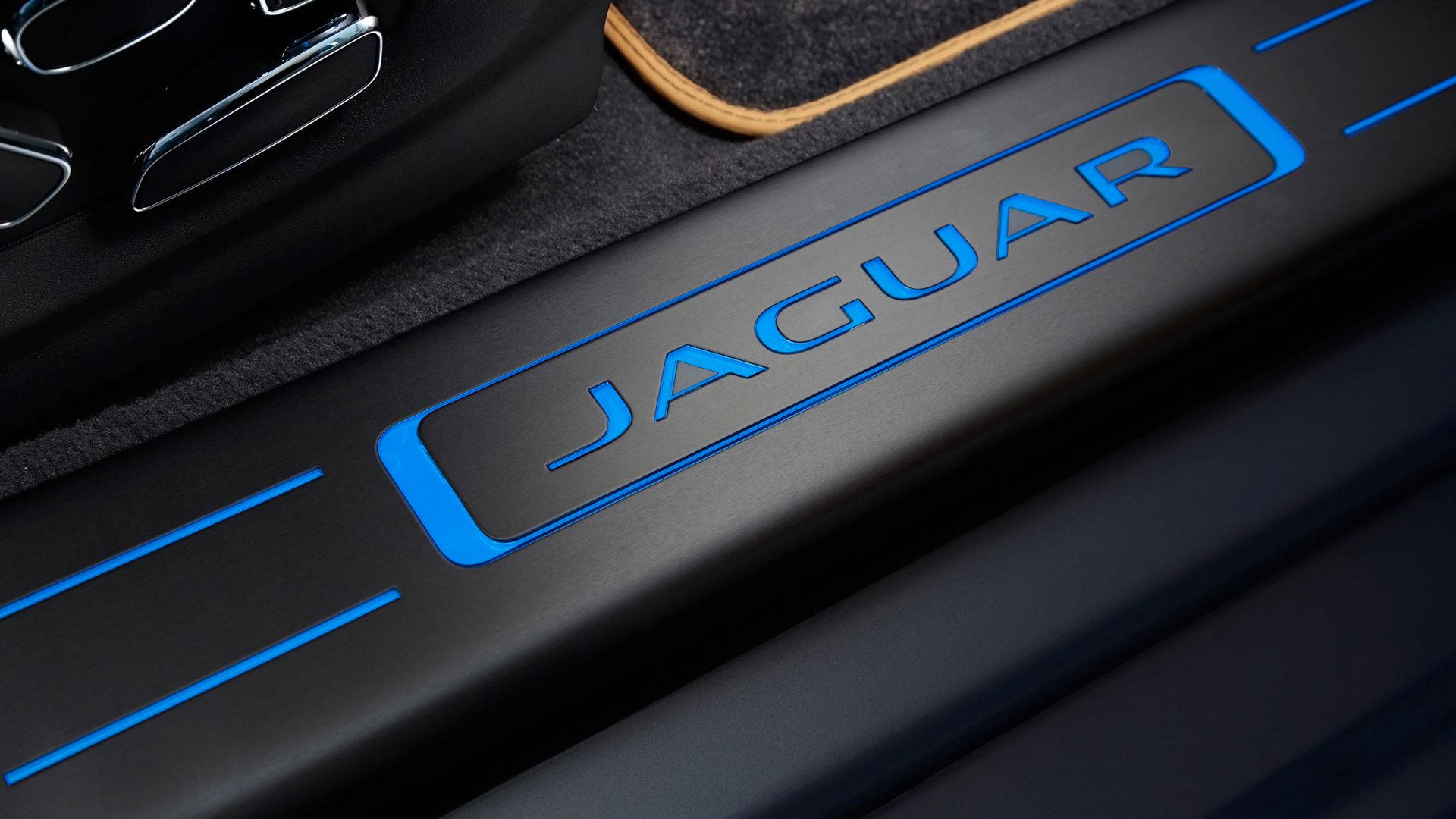 Neon Blue Jaguar Car Logo, Jaguar car door sill, glowing blue logo, Full HD Desktop Wallpaper
