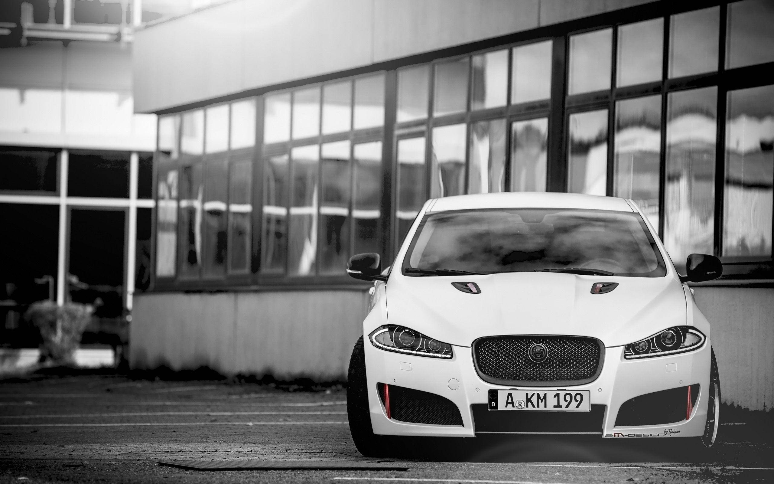Jaguar car, sleek white Jaguar sports car, modern glass building, 2K Desktop Wallpaper