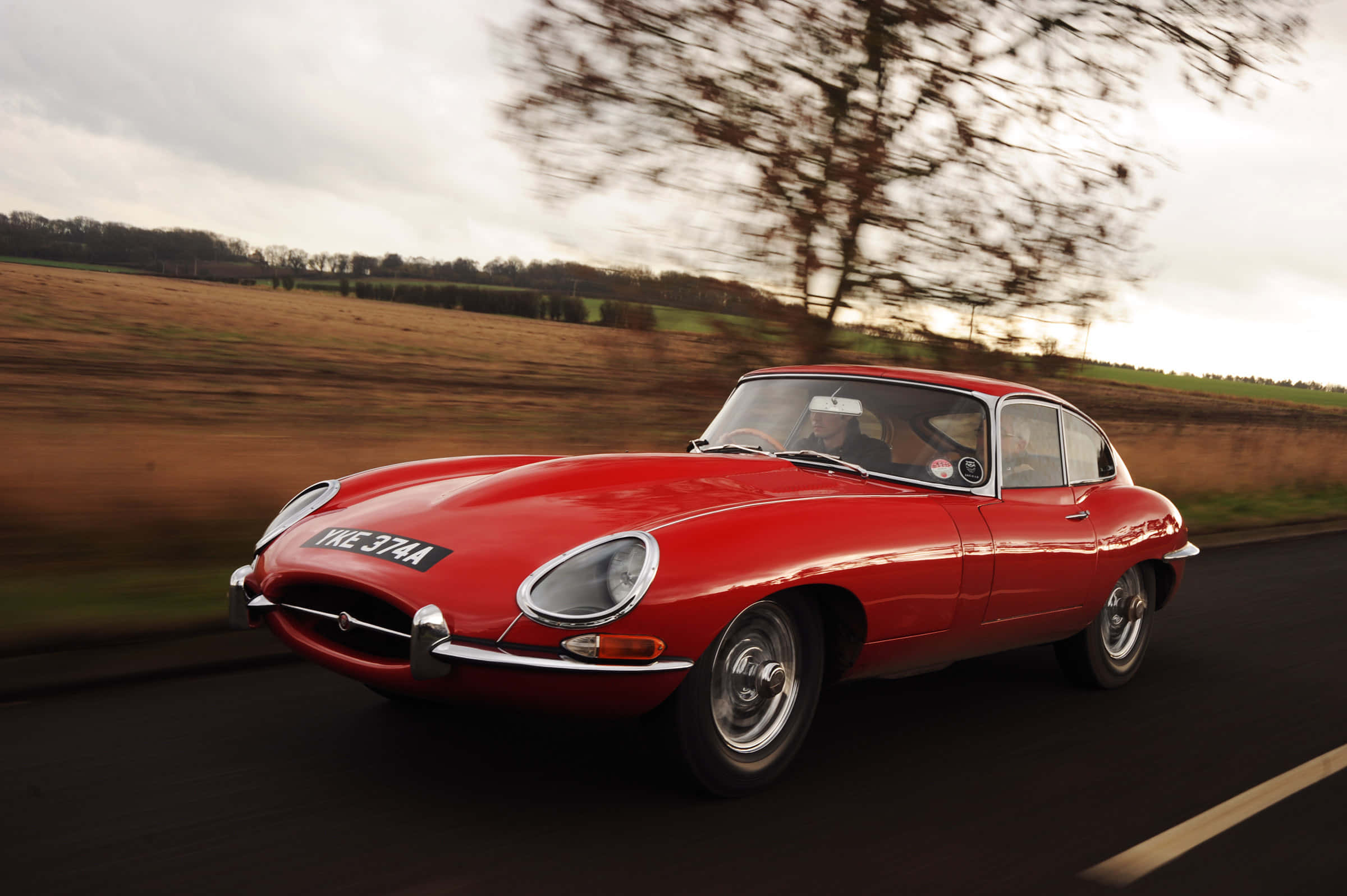 Jaguar E-Type, vibrant red, rural road, Full HD Desktop Wallpaper