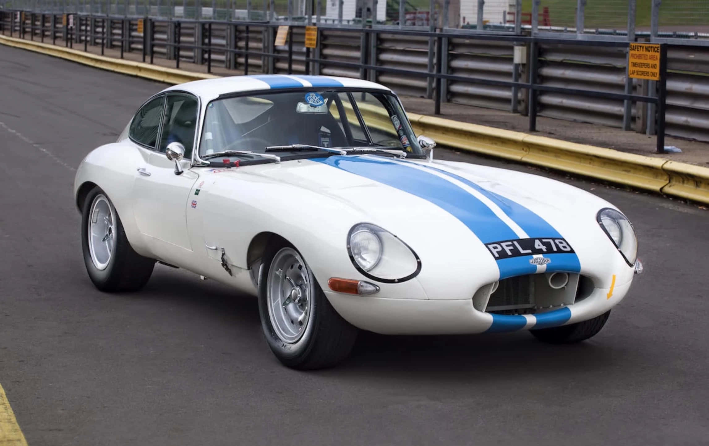 Jaguar E-Type, white, blue stripes, Full HD Desktop Wallpaper