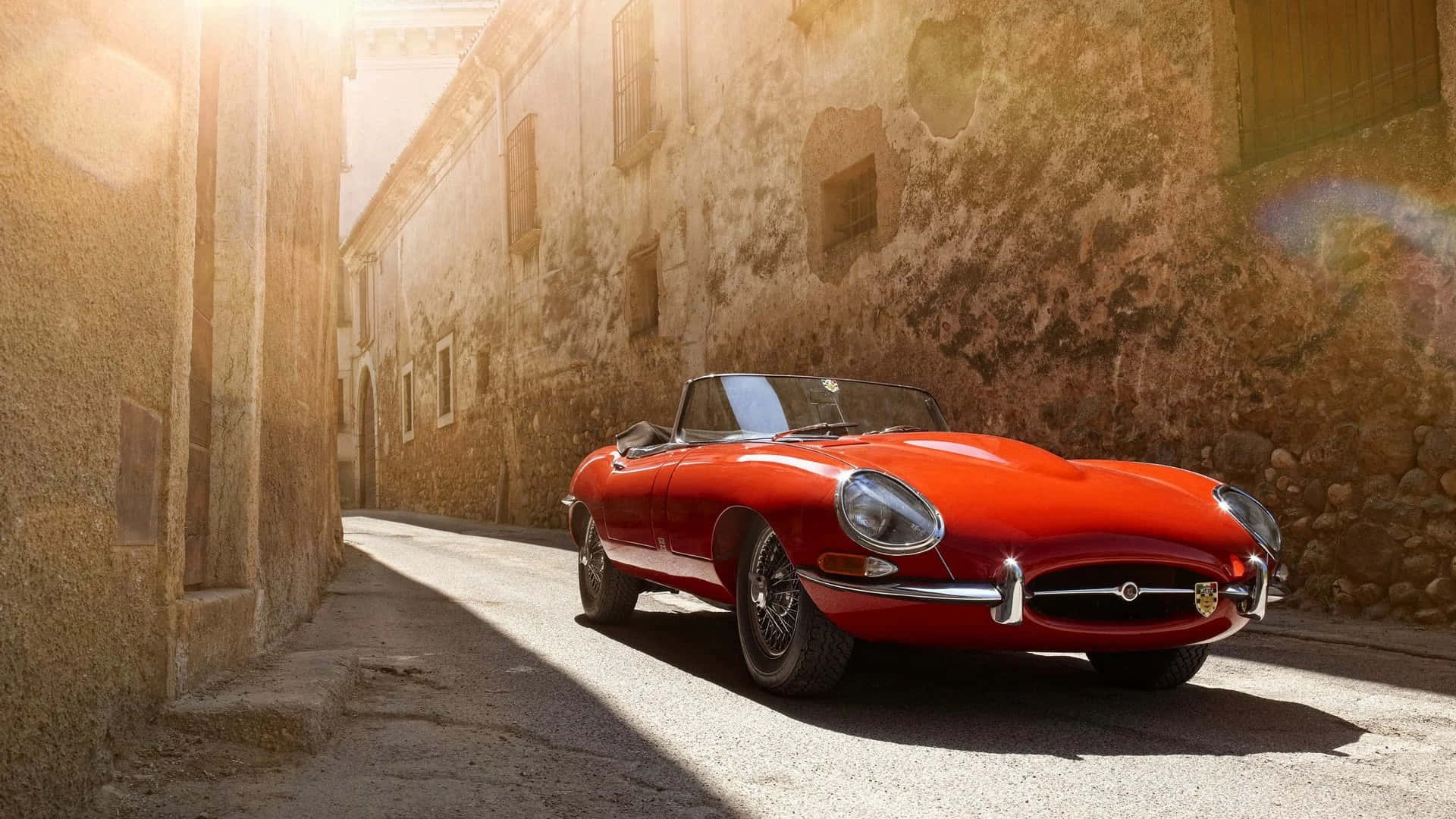 Jaguar E-Type, vibrant red, classic convertible sports car, Full HD Desktop Wallpaper