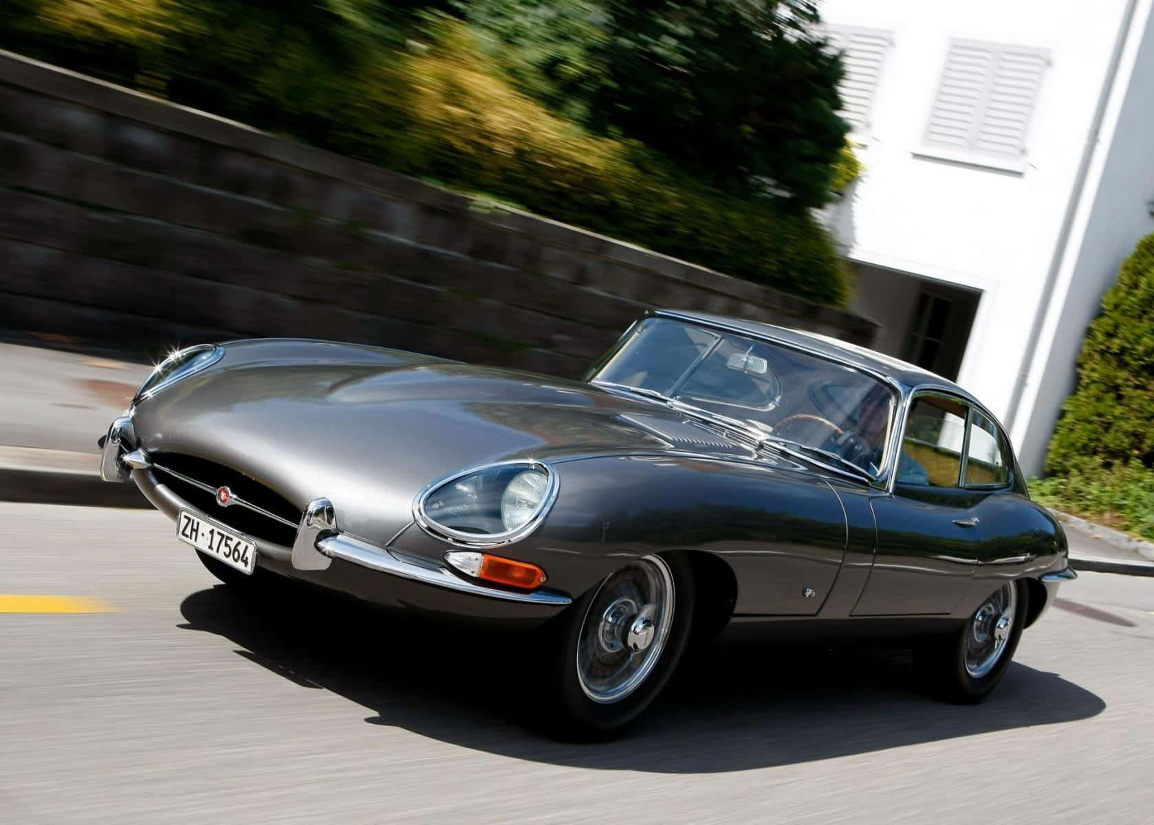 Jaguar E-Type, silver, sunlit road, HD Desktop Wallpaper