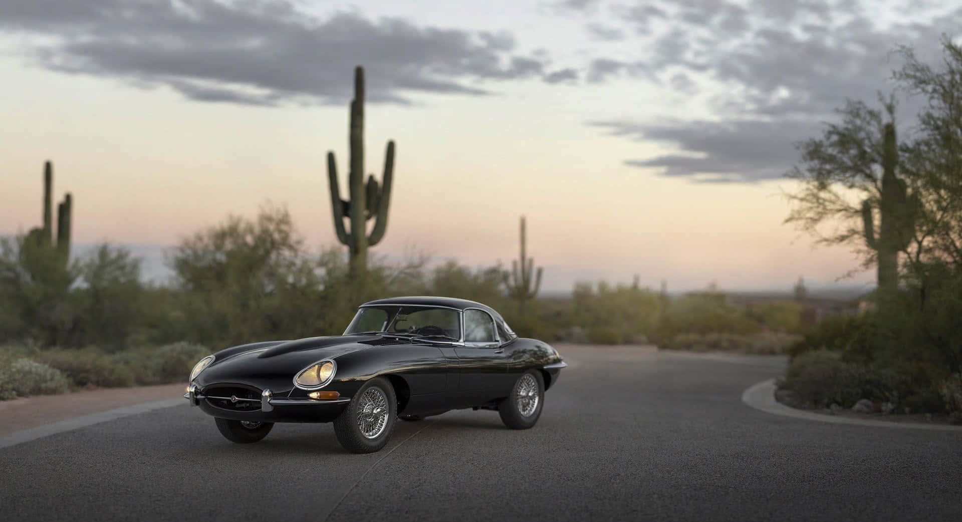 Jaguar E-Type, sleek black, desert road, Full HD Desktop Wallpaper