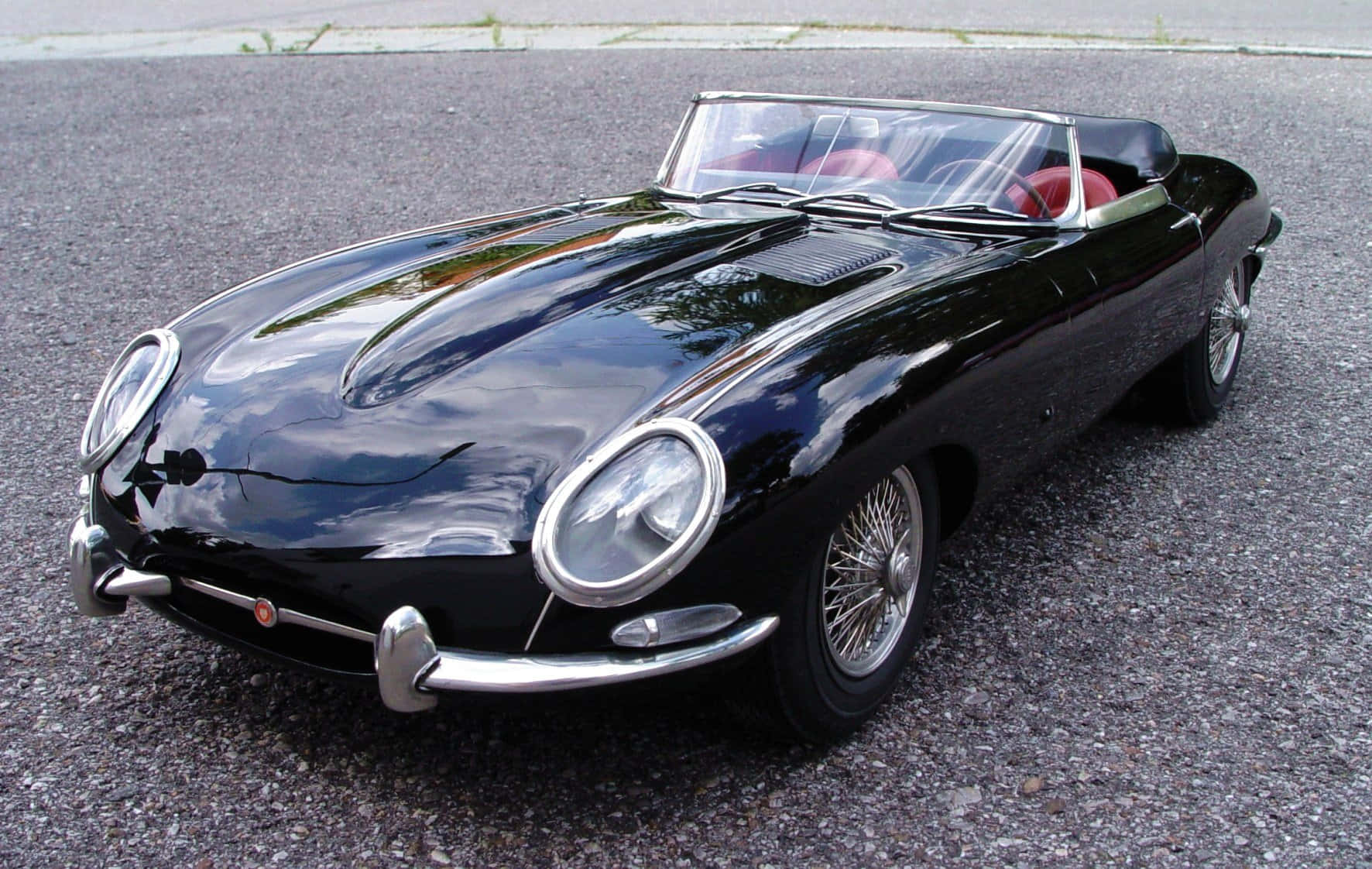 Jaguar E-type, glossy black, red interior, HD Desktop Wallpaper