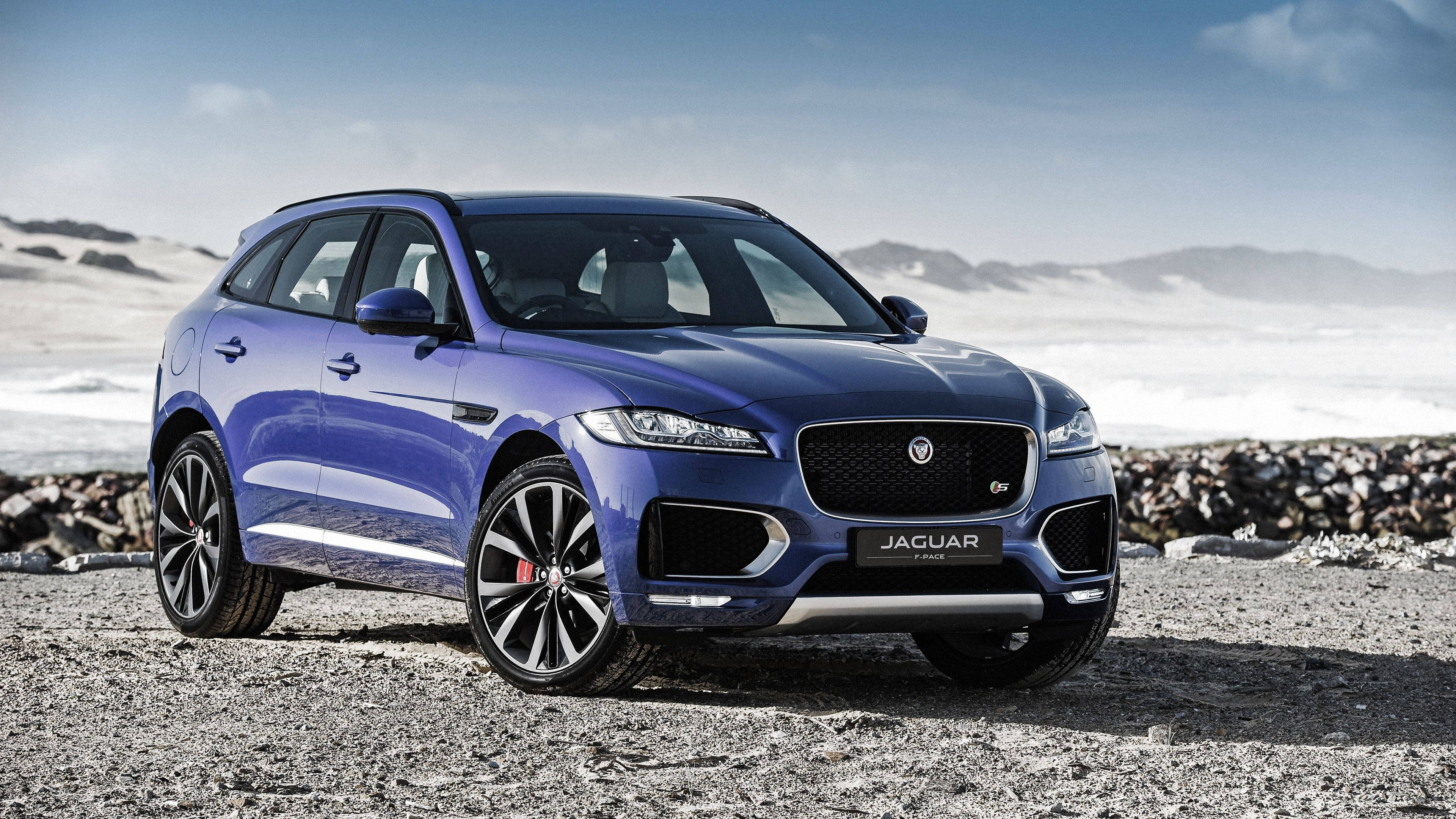 Jaguar F-Pace, blue, rocky beach, 4K Desktop Wallpaper