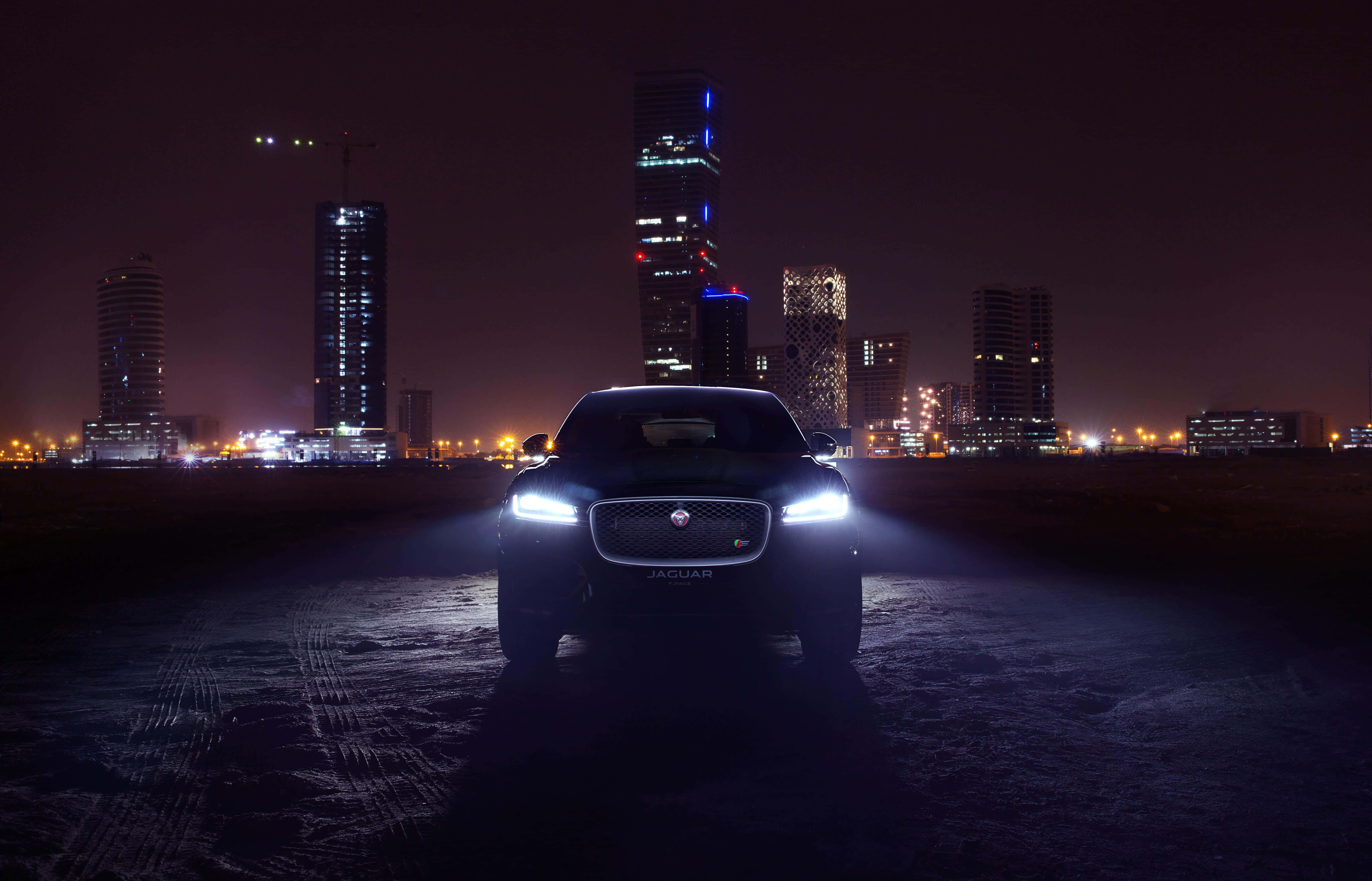 Jaguar F-Pace, sleek black, headlights, 5K Desktop Wallpaper
