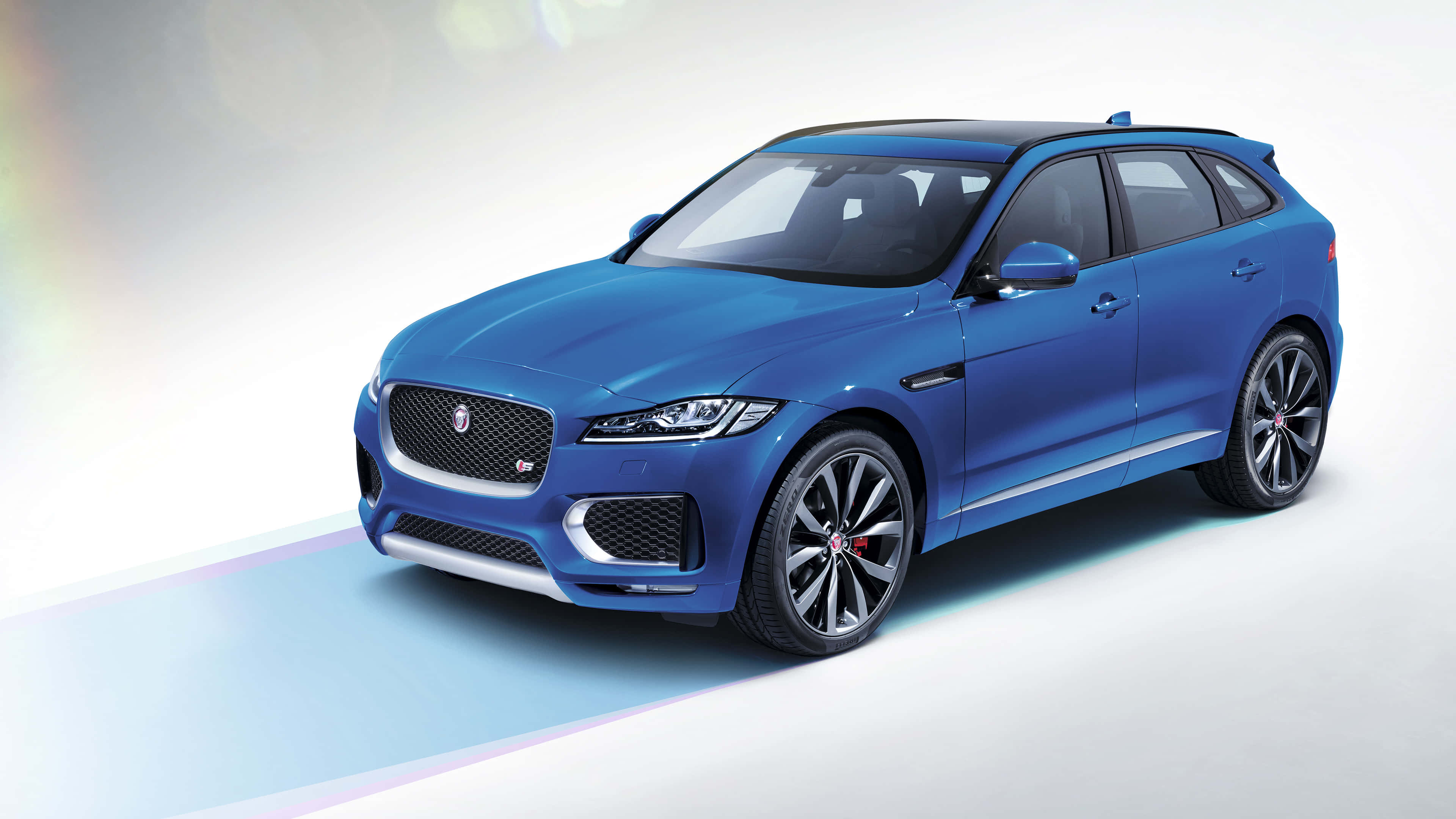Jaguar F-Pace, blue, rainbow lens flare, 4K Desktop Wallpaper